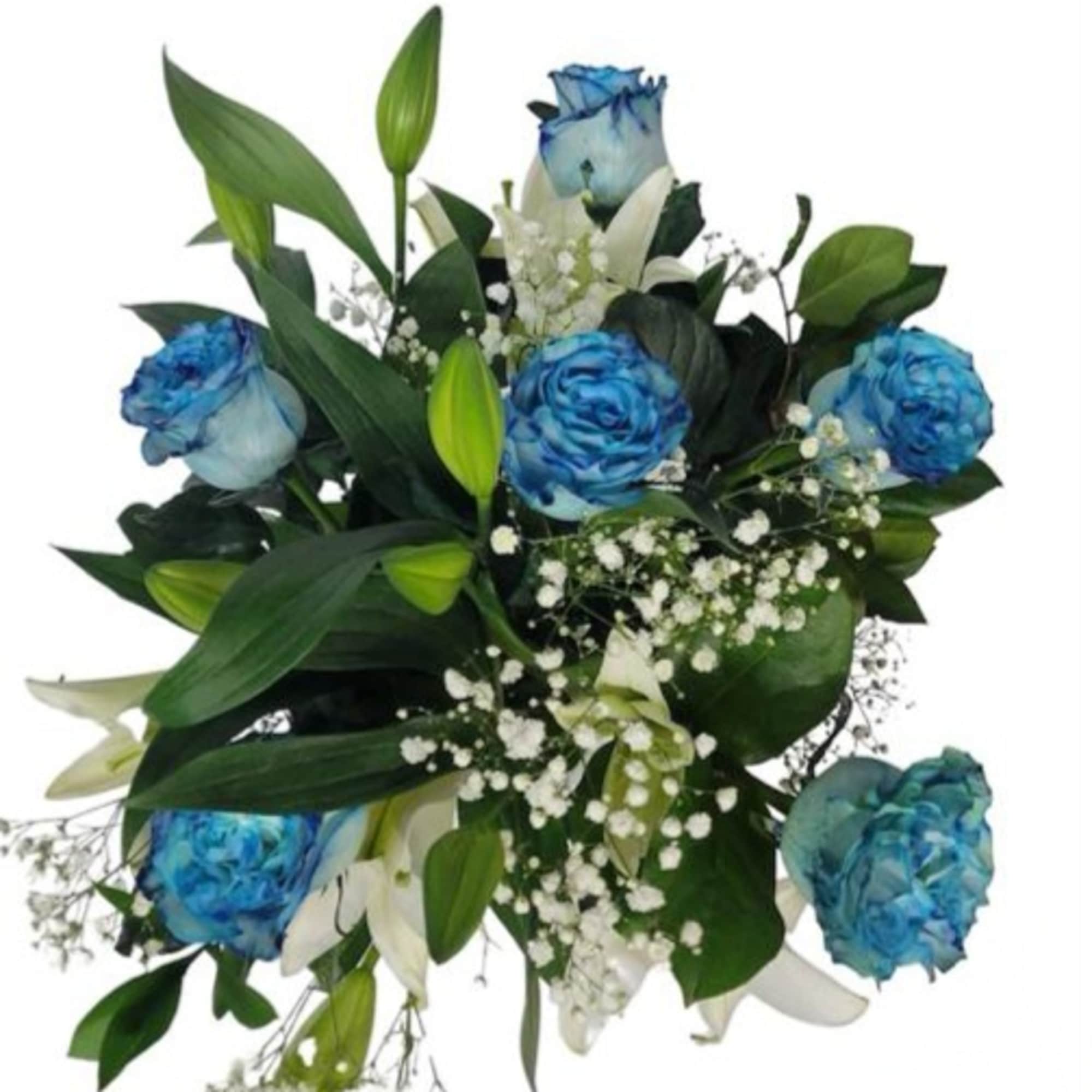 Bouquet of blue roses, white lilies, and baby's breath