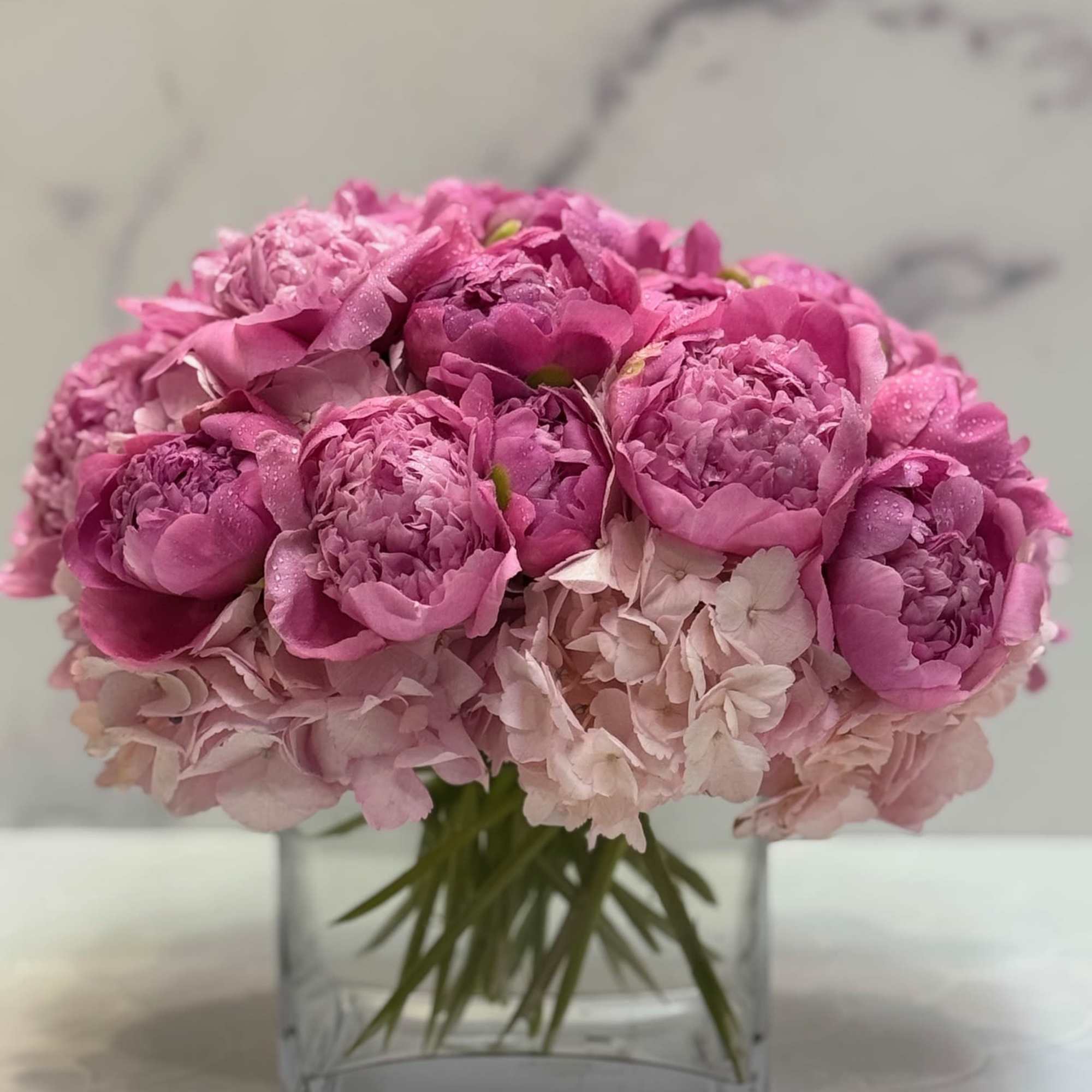 Low pink peony and hydrangea arrangement in a clear glass cube vase on a white surface