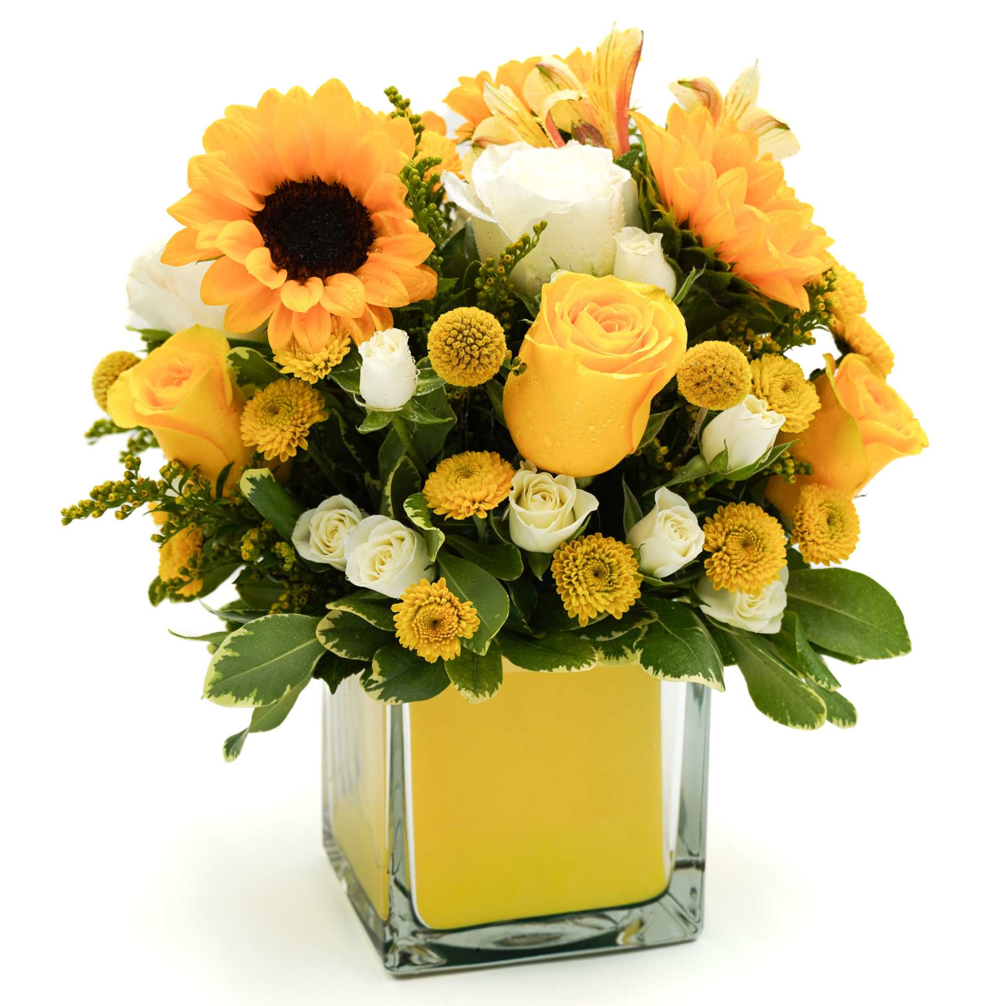 Bright, cheerful, and full of sunshine, this vibrant arrangement features golden sunflowers