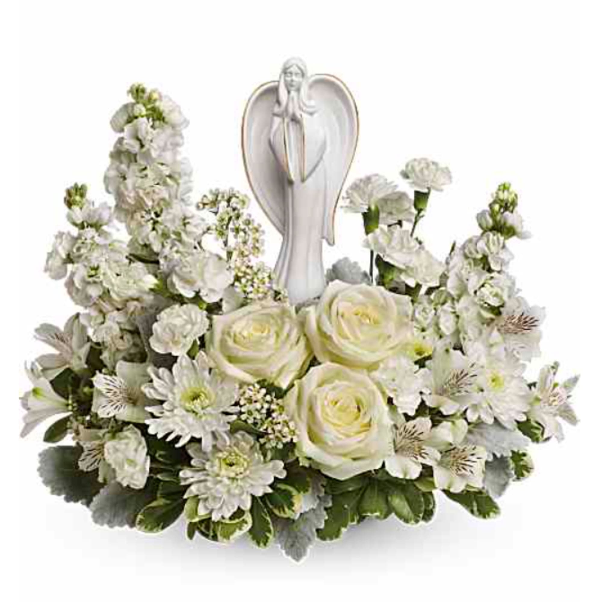 White floral arrangement with a small angel figurine in the center