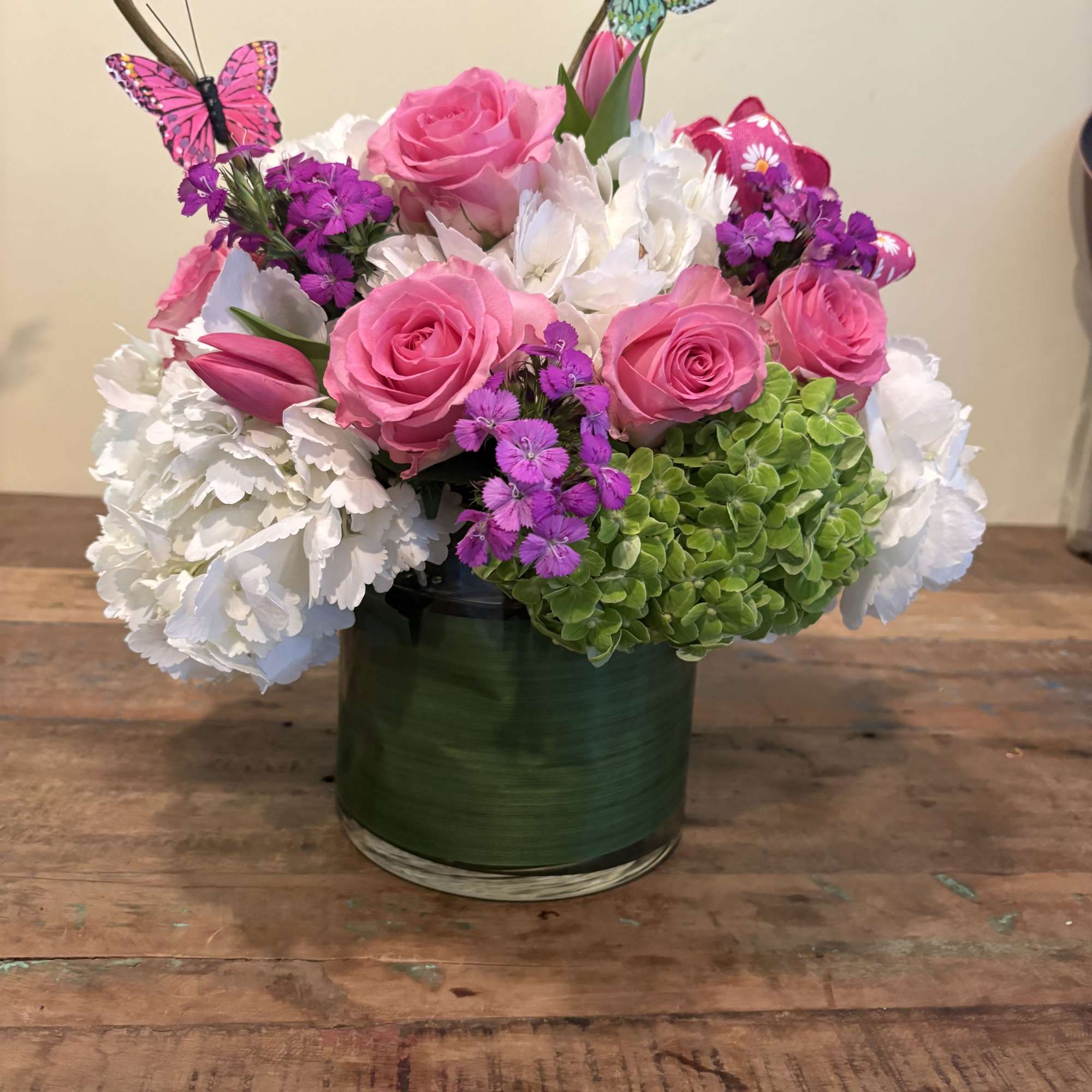 Butterfly&rsquo;s with assorted hydrangeas, roses and tulips