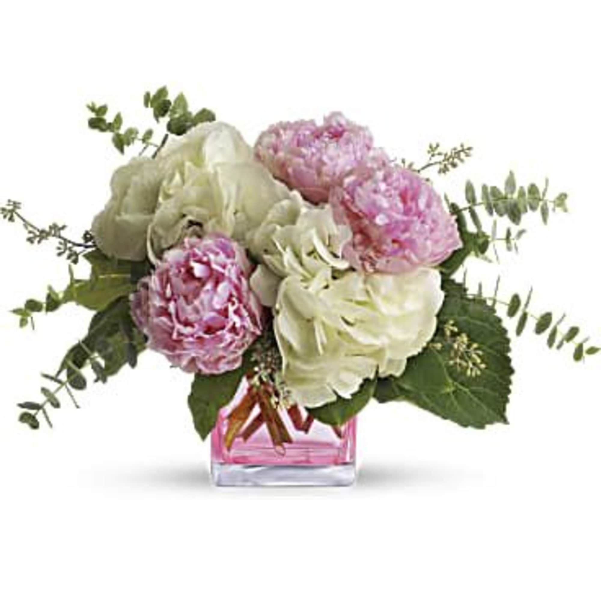 Big beautiful pink peony blossoms, brilliant white hydrangea and two kinds of