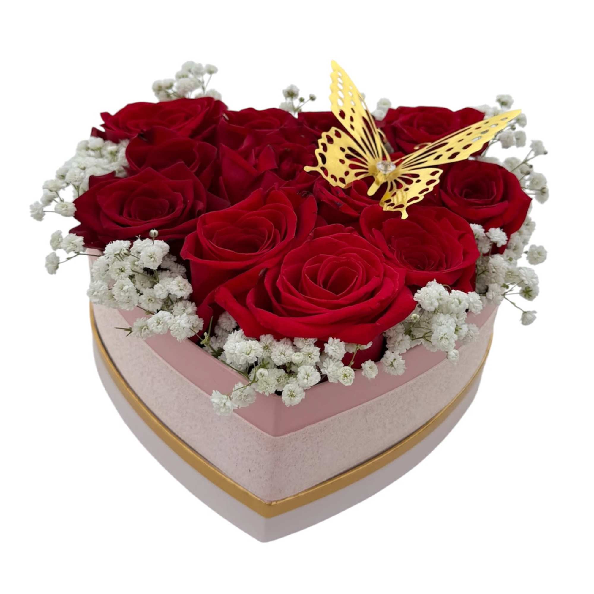 A beautiful arrangement of fresh red roses accented with delicate baby breath