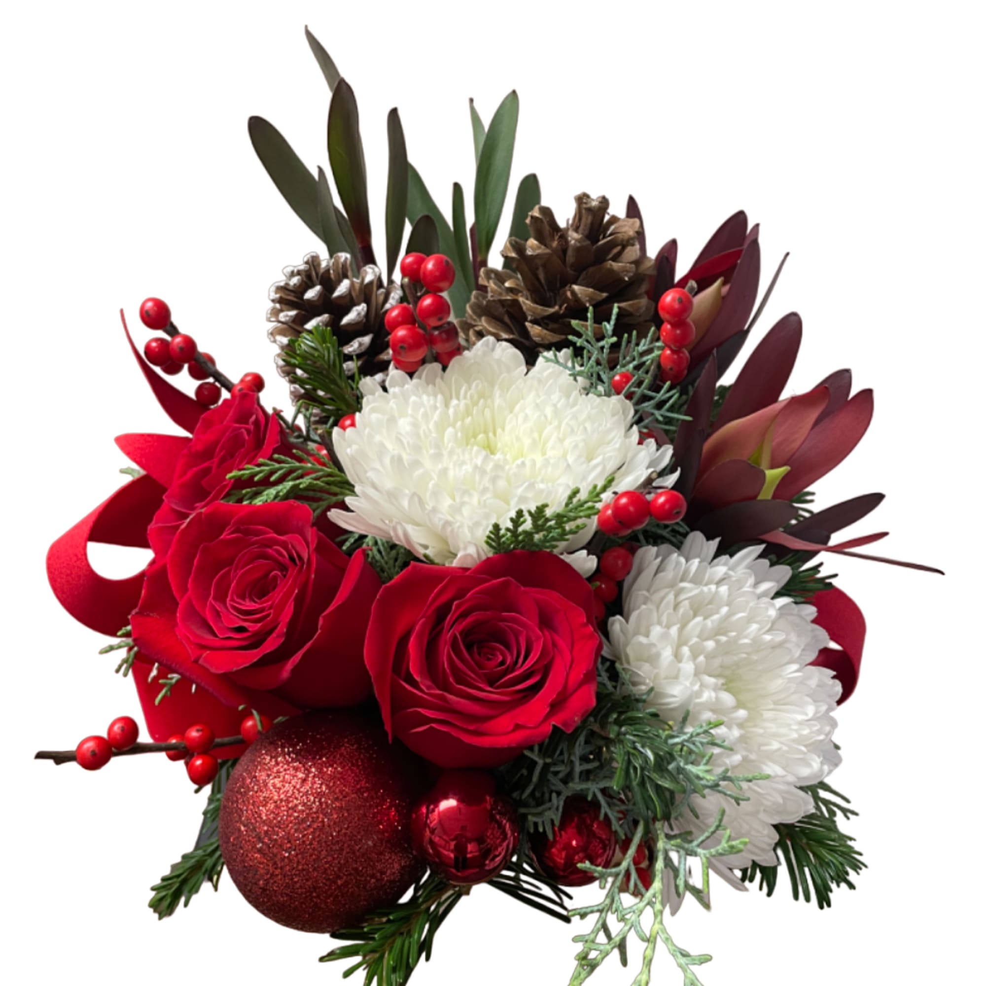 Red roses and white chrysanthemums with pinecones and ornaments