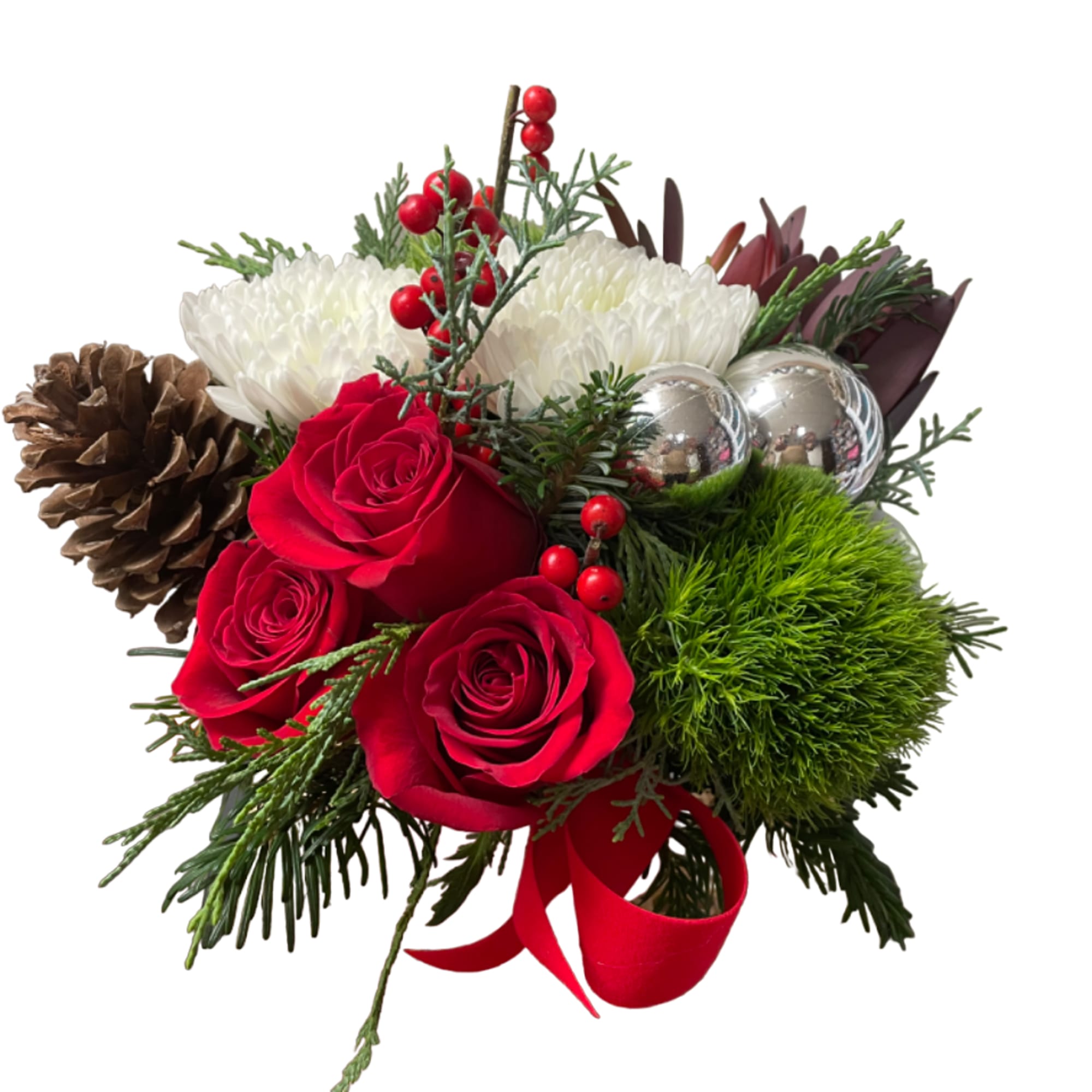 Red roses and white chrysanthemums with pinecones and ornaments