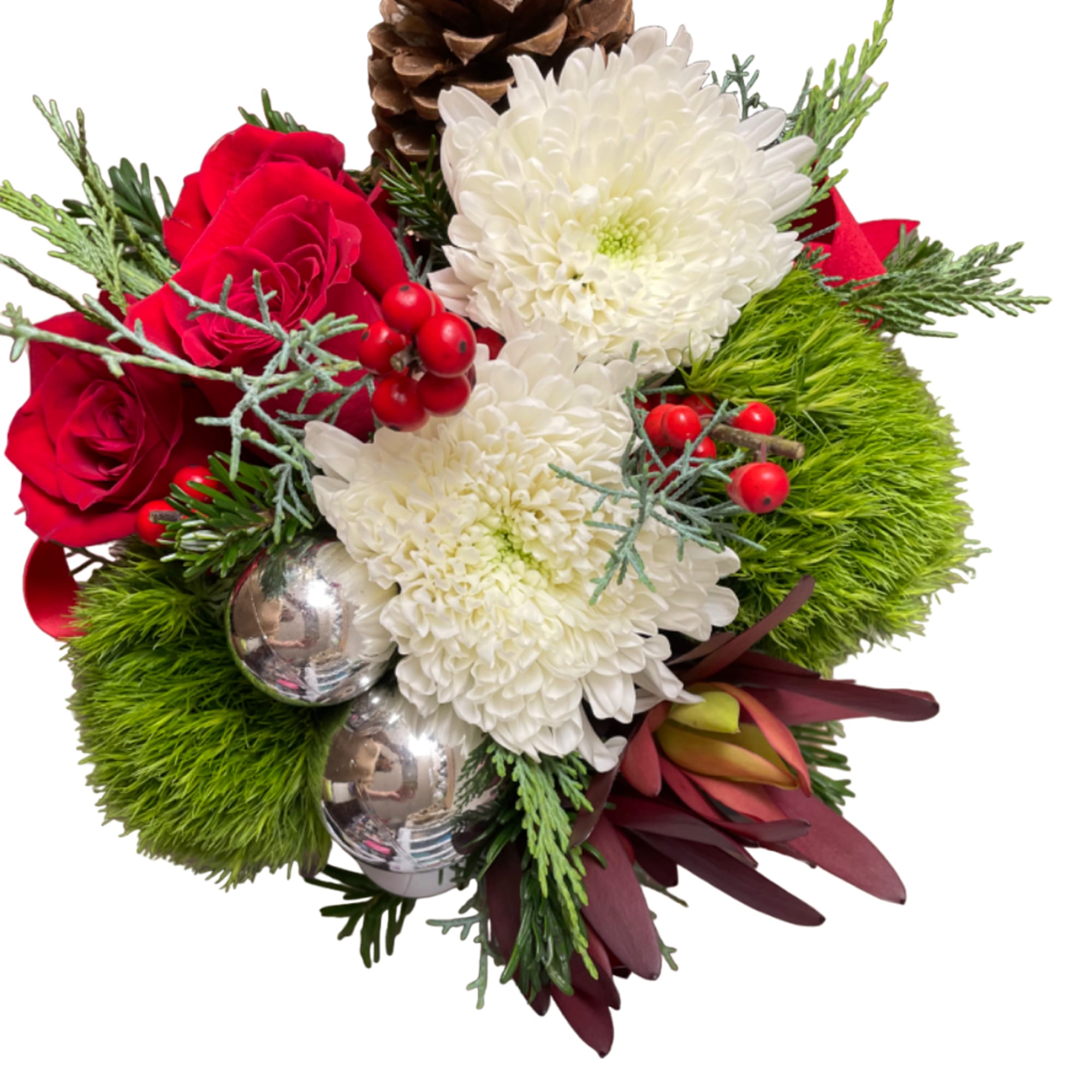 Holiday bouquet with red roses, white chrysanthemums, and pinecone accents