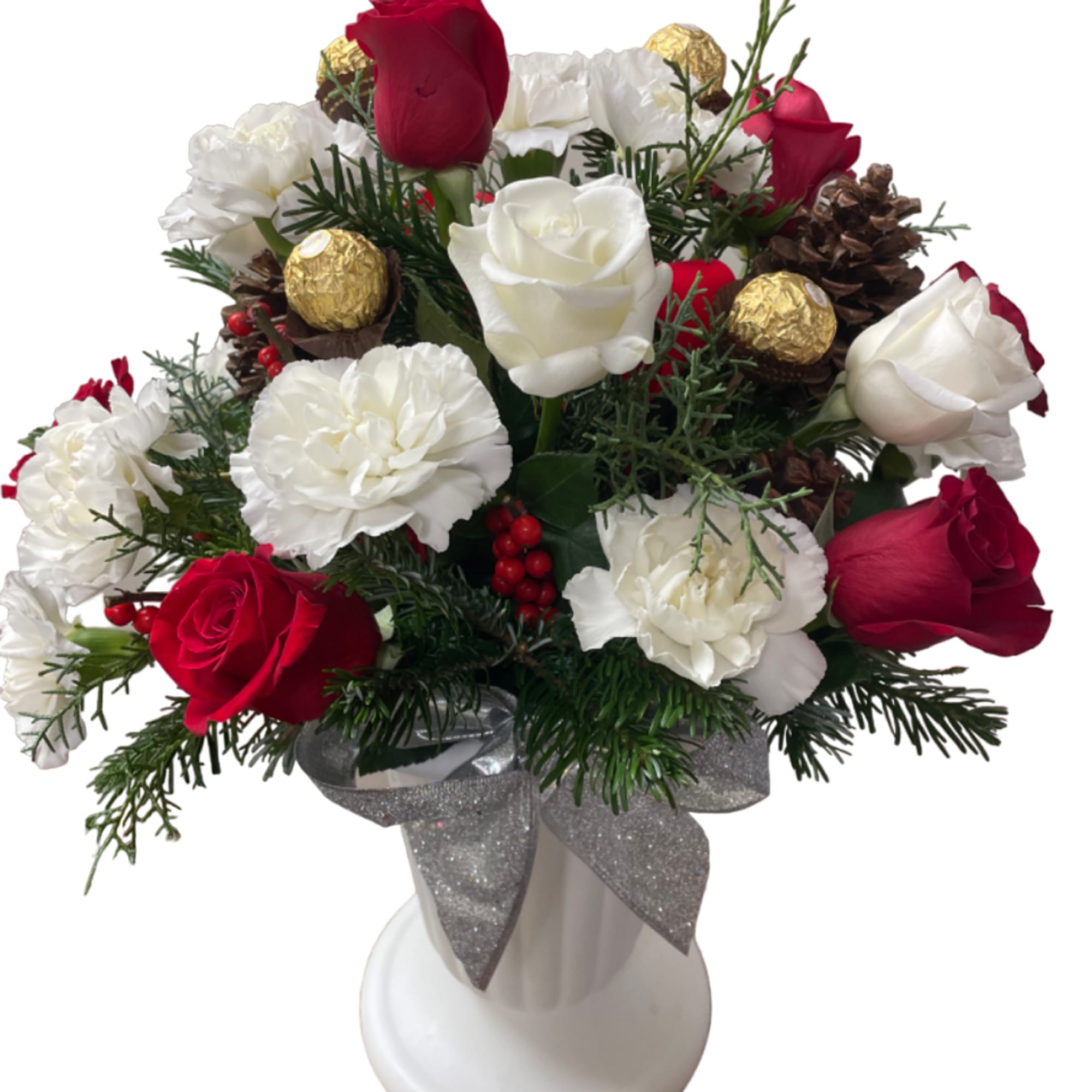 Red and white roses with carnations in a white vase