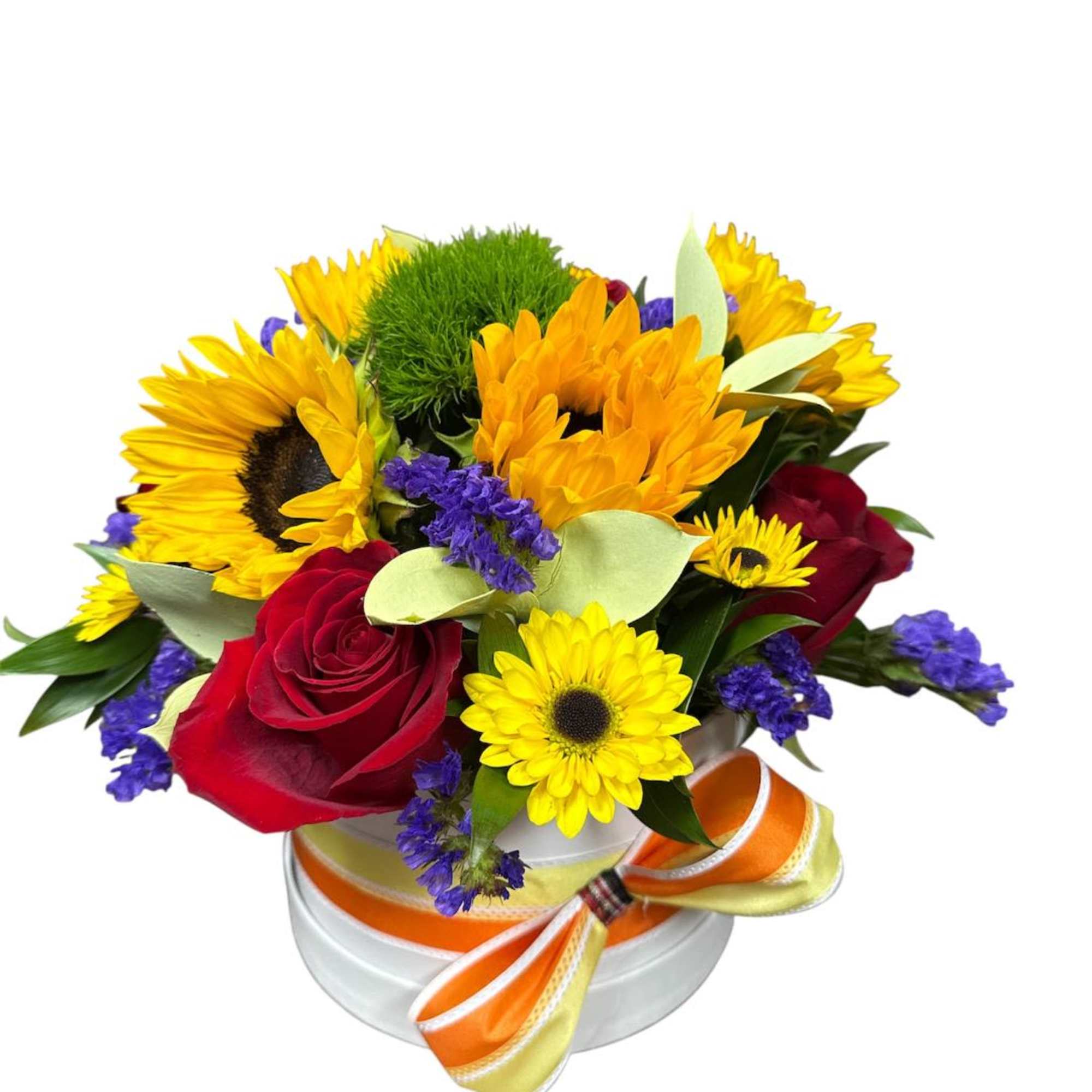 Bouquet of sunflowers, red roses, and purple filler in a round box with ribbon