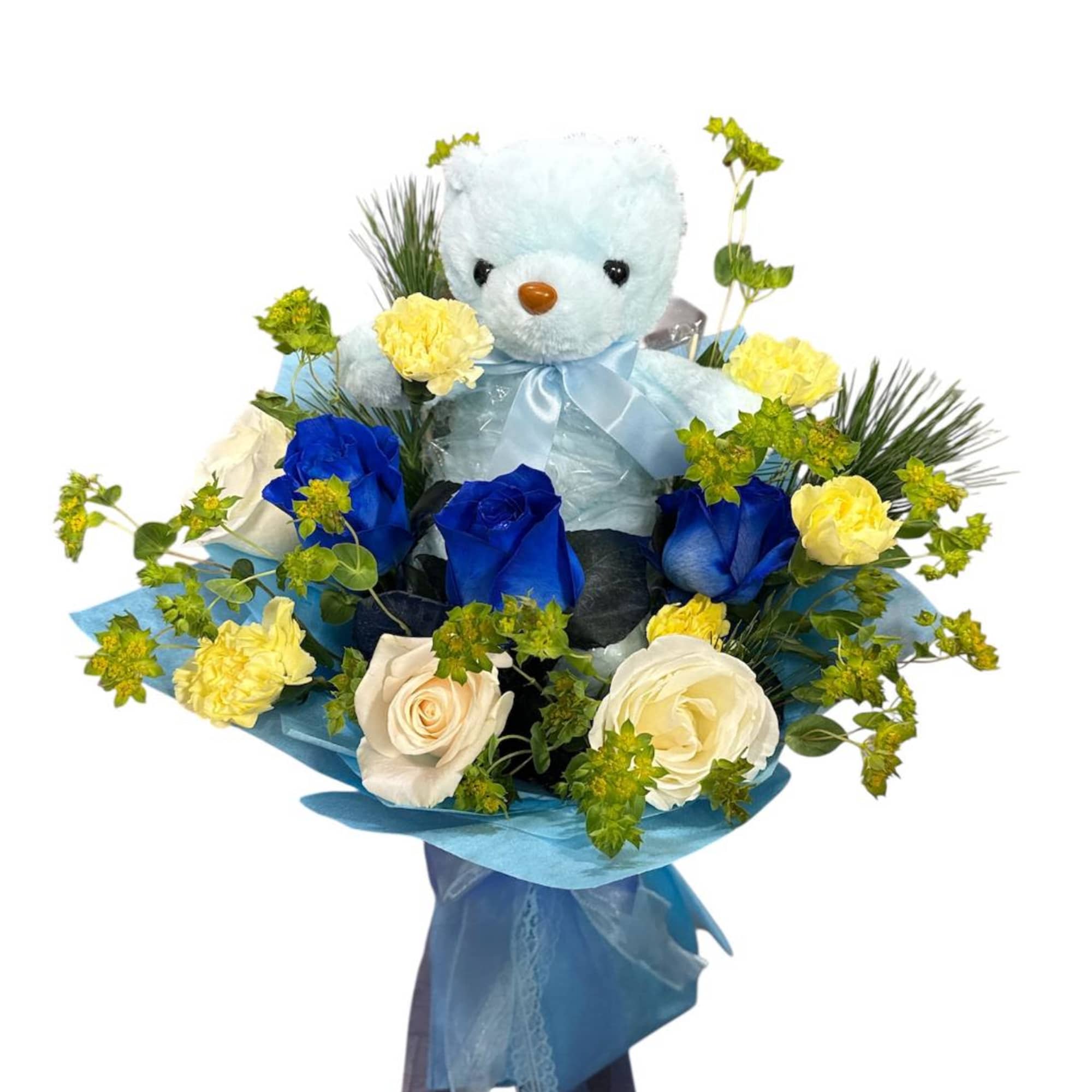 Blue teddy bear bouquet with roses and carnations