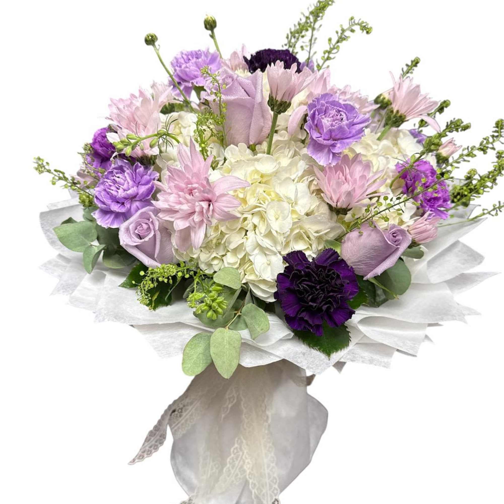 Lavender and white bouquet with purple blooms and lace wrap