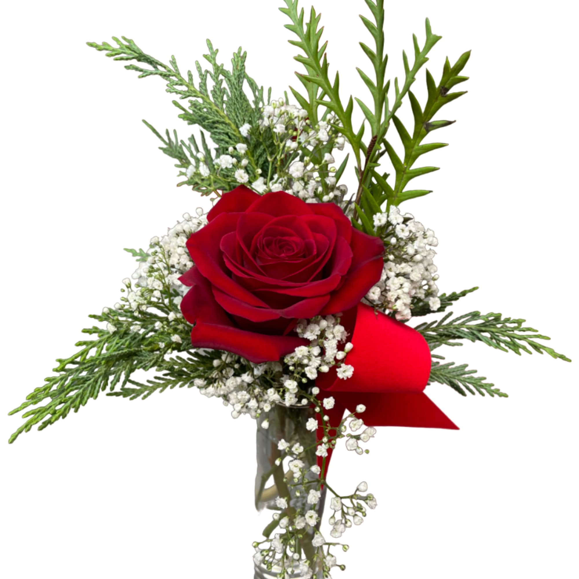 Red rose arrangement in a clear glass vase with baby's breath and greenery