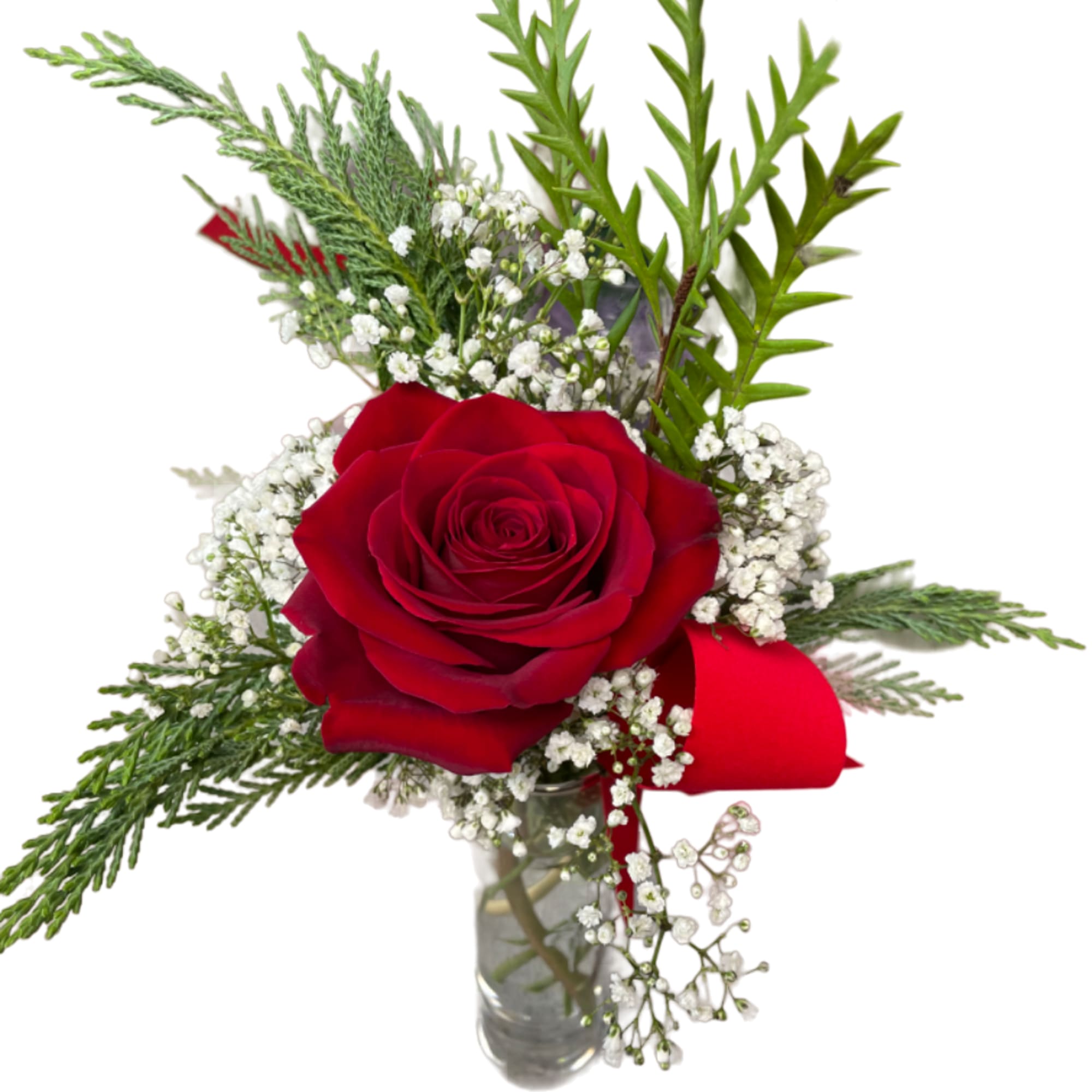 Red rose bouquet with baby's breath in a clear glass vase