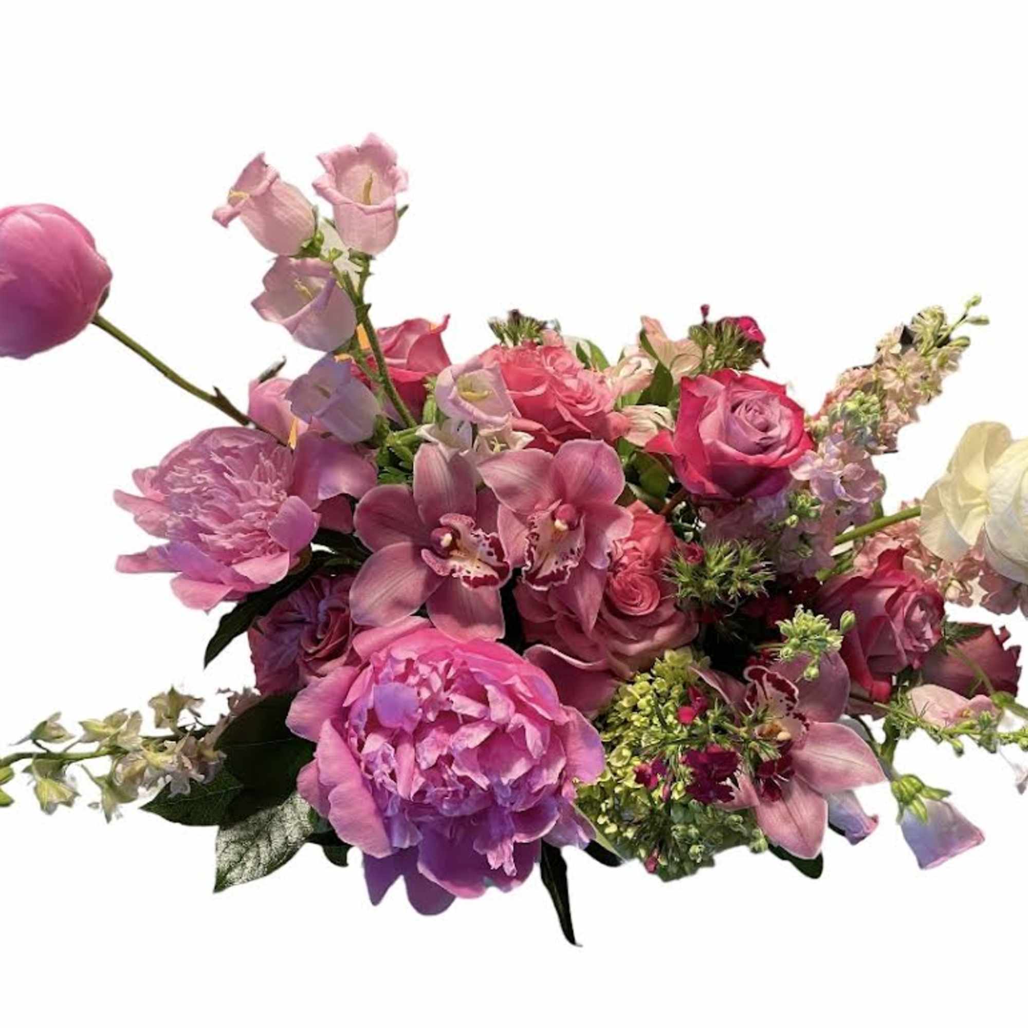Pink and purple mixed bouquet with roses, orchids, and peonies