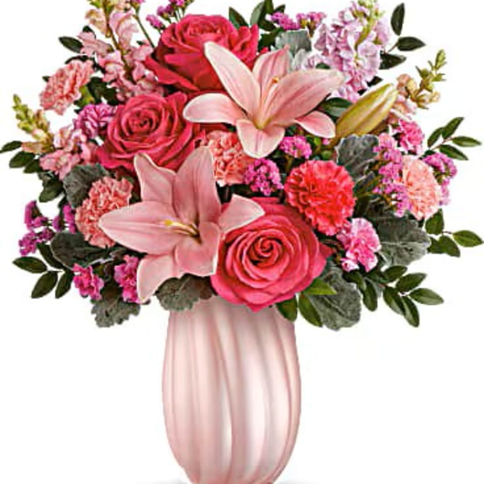 Create magic for Mom with our pearlescent glass vase, complimented by a