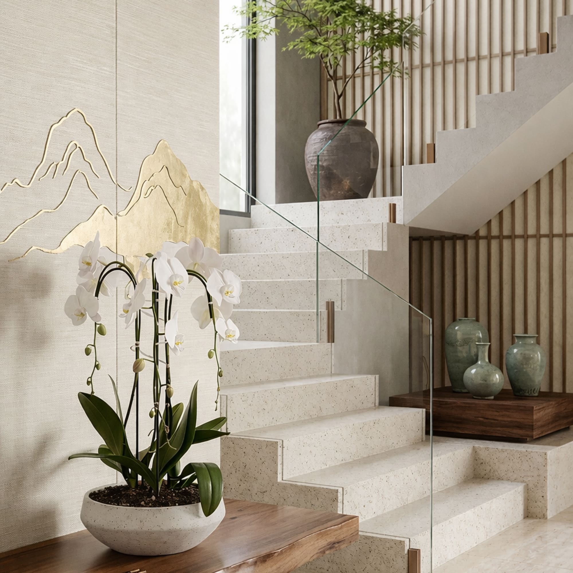 This elegant Triple White Phalaenopsis Cascade orchid arrangement creates a striking vertical