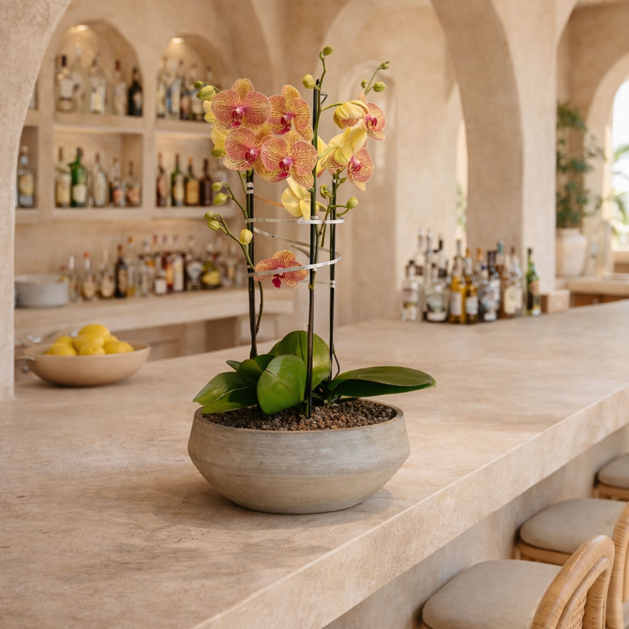 This elegant Triple Peach Phalaenopsis Cascade orchid arrangement creates a striking vertical