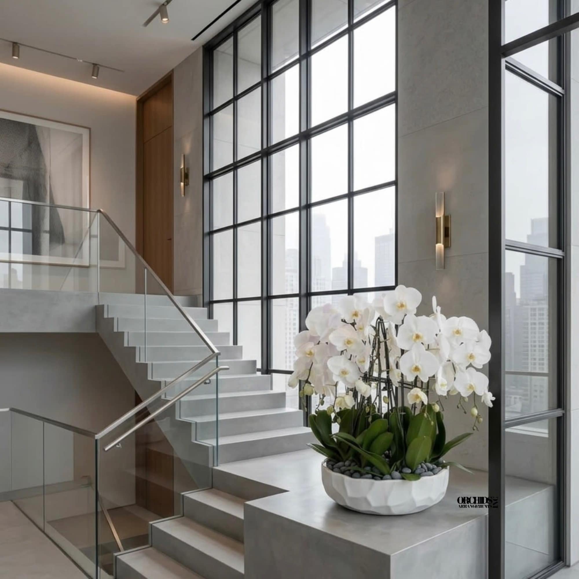 Large white orchid planter in a white bowl on a modern stair landing