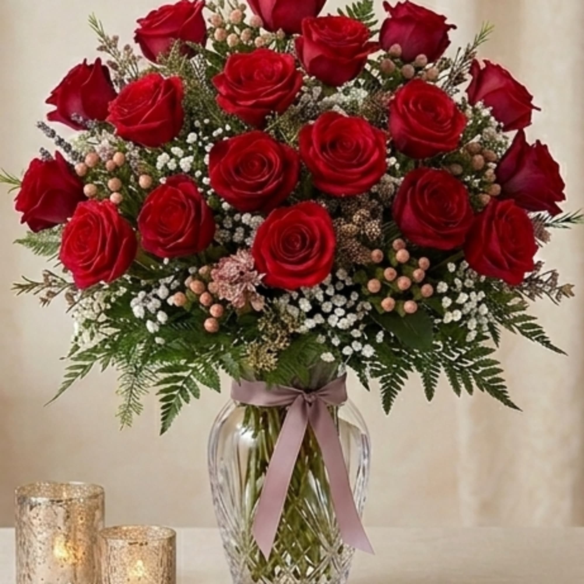 Long-stemmed red roses, that makes a statement! This vase is packed with