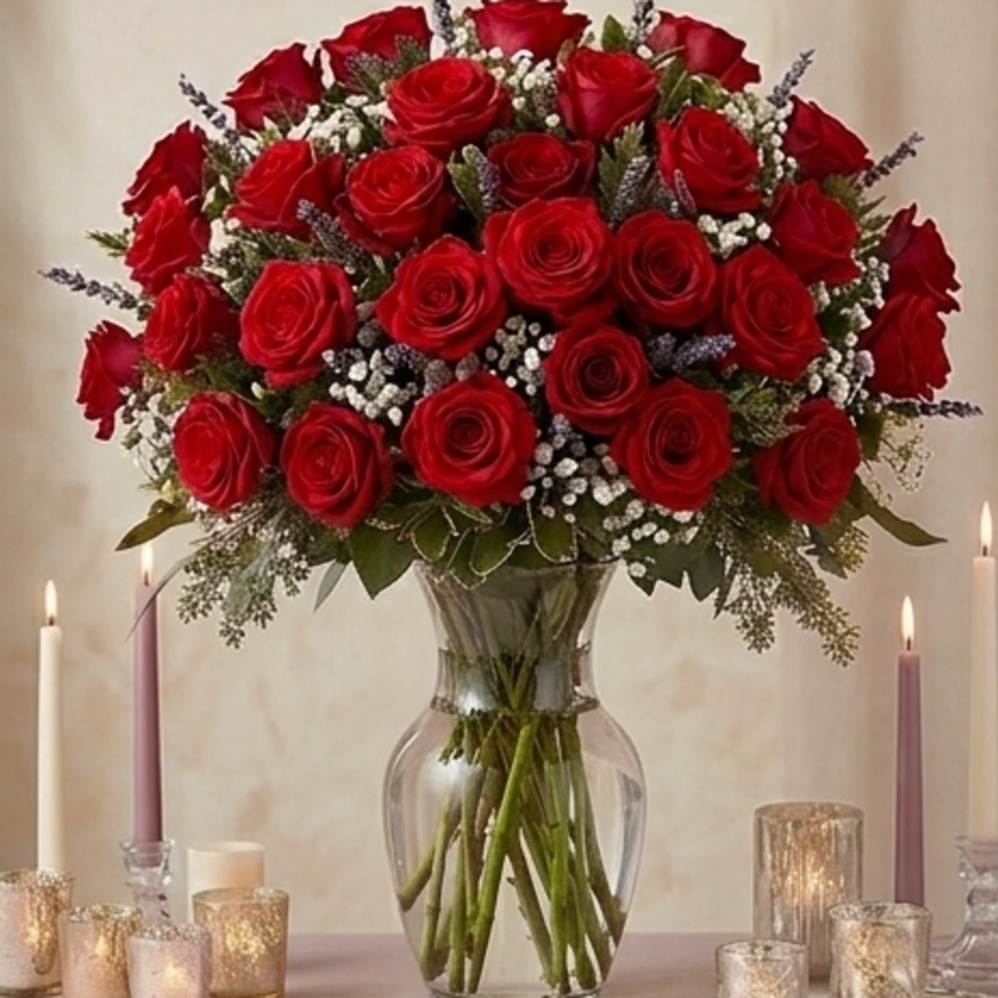 Long-stemmed red roses, that makes a statement! This vase is packed with