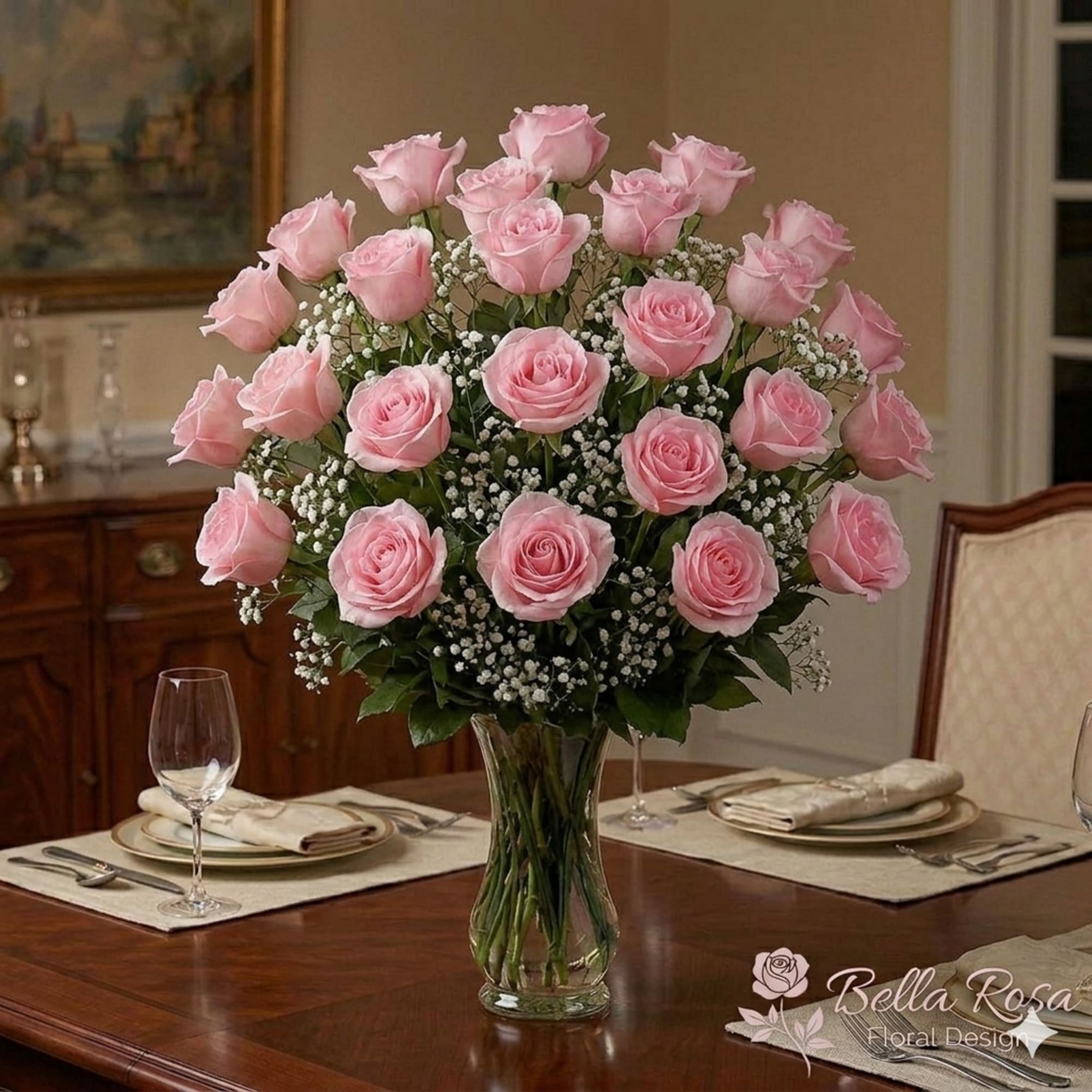 Soft pink roses with white baby's breath in a clear glass vase