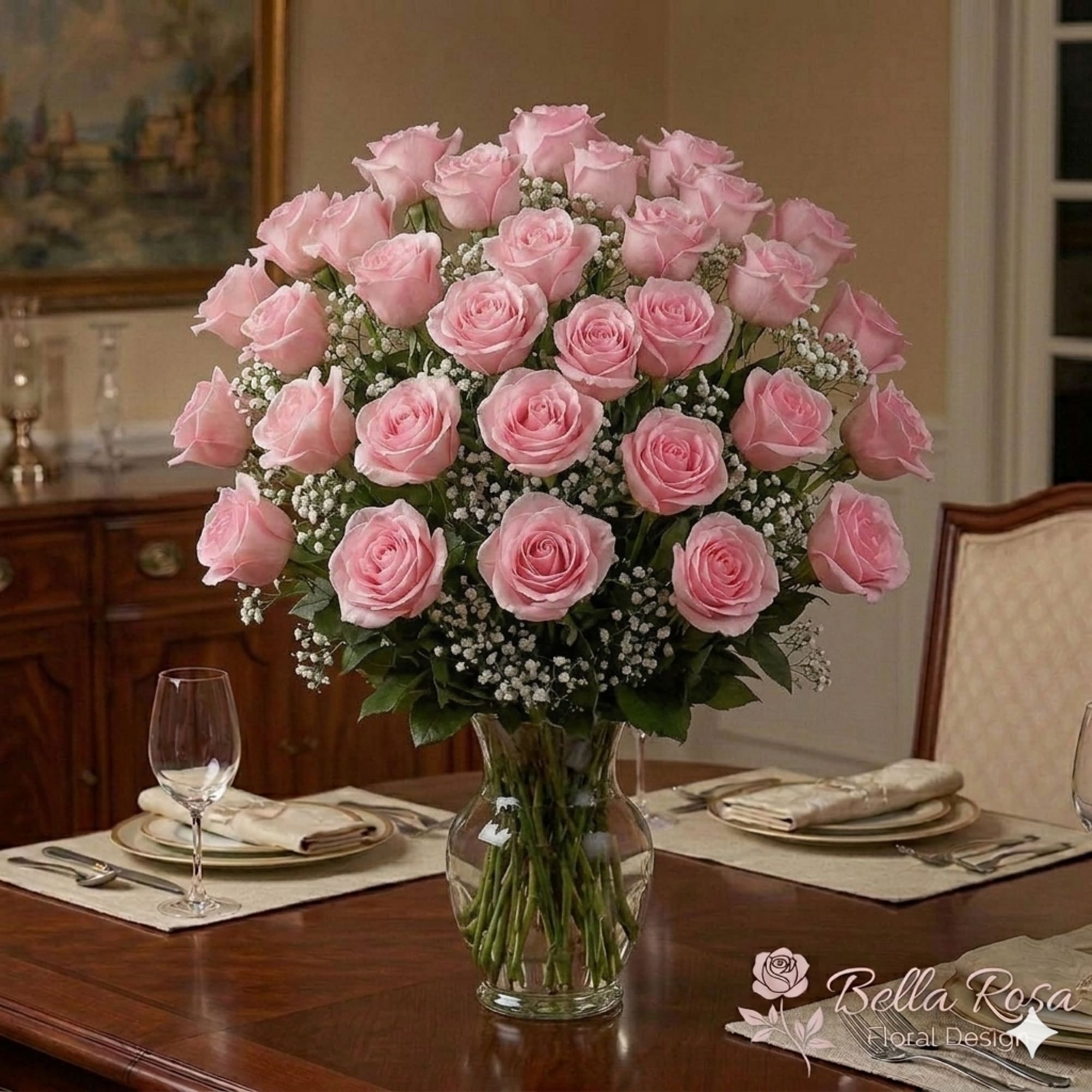 Soft pink roses with white baby's breath in a clear glass vase