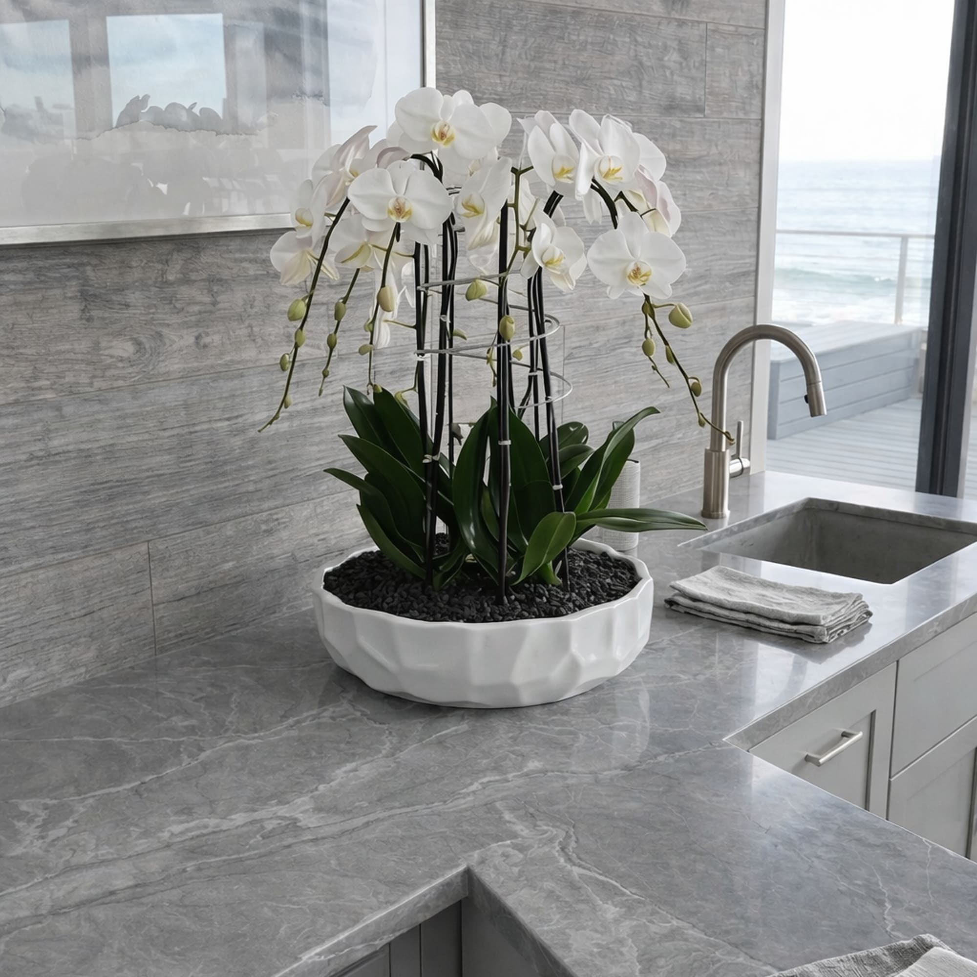 This elegant Ten White Phalaenopsis Cascade orchid arrangement creates a striking vertical