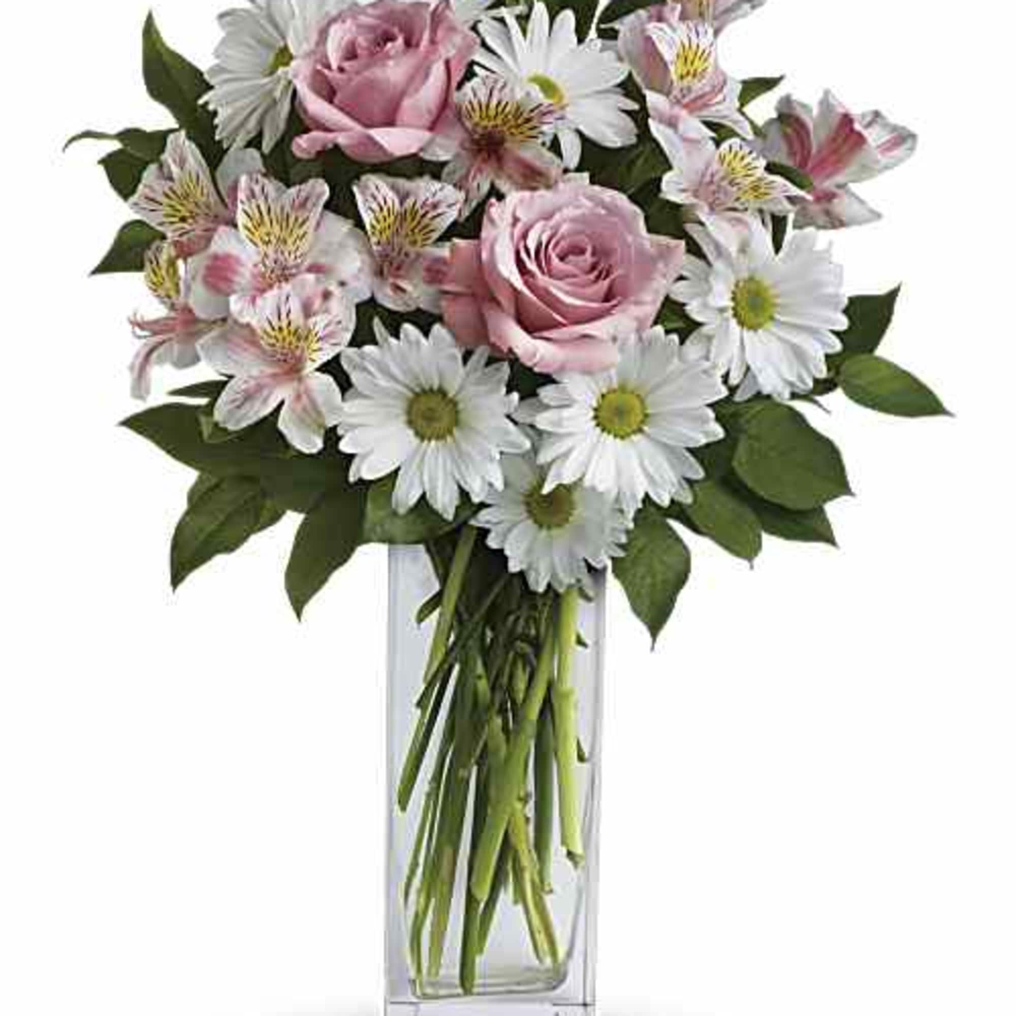 
Pamper her with pale pink carnations, pristine white daisies and your thoughtfulness.