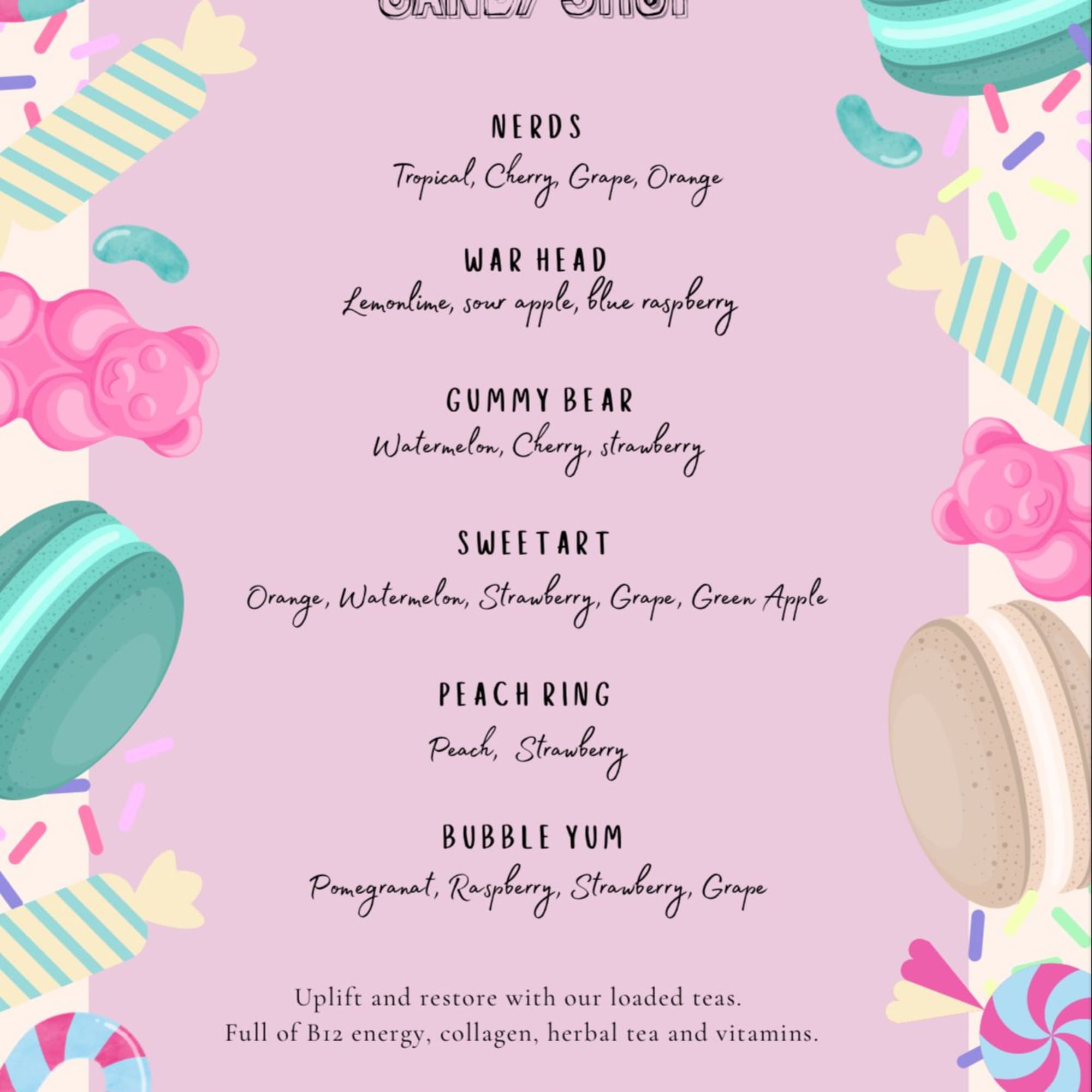 Pastel candy shop menu with colorful sweets and gummy bears