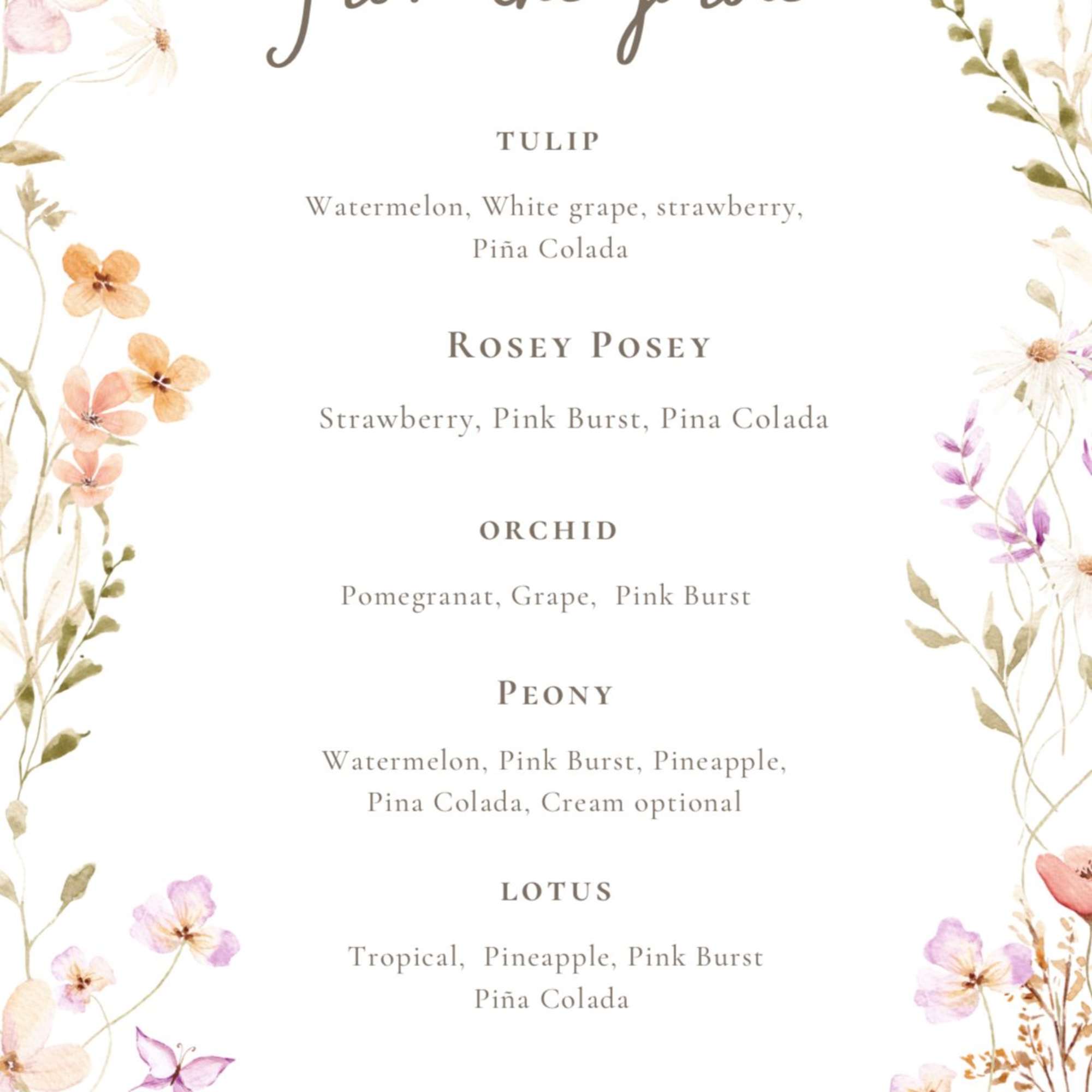 Floral tea menu with watercolor flowers framing text