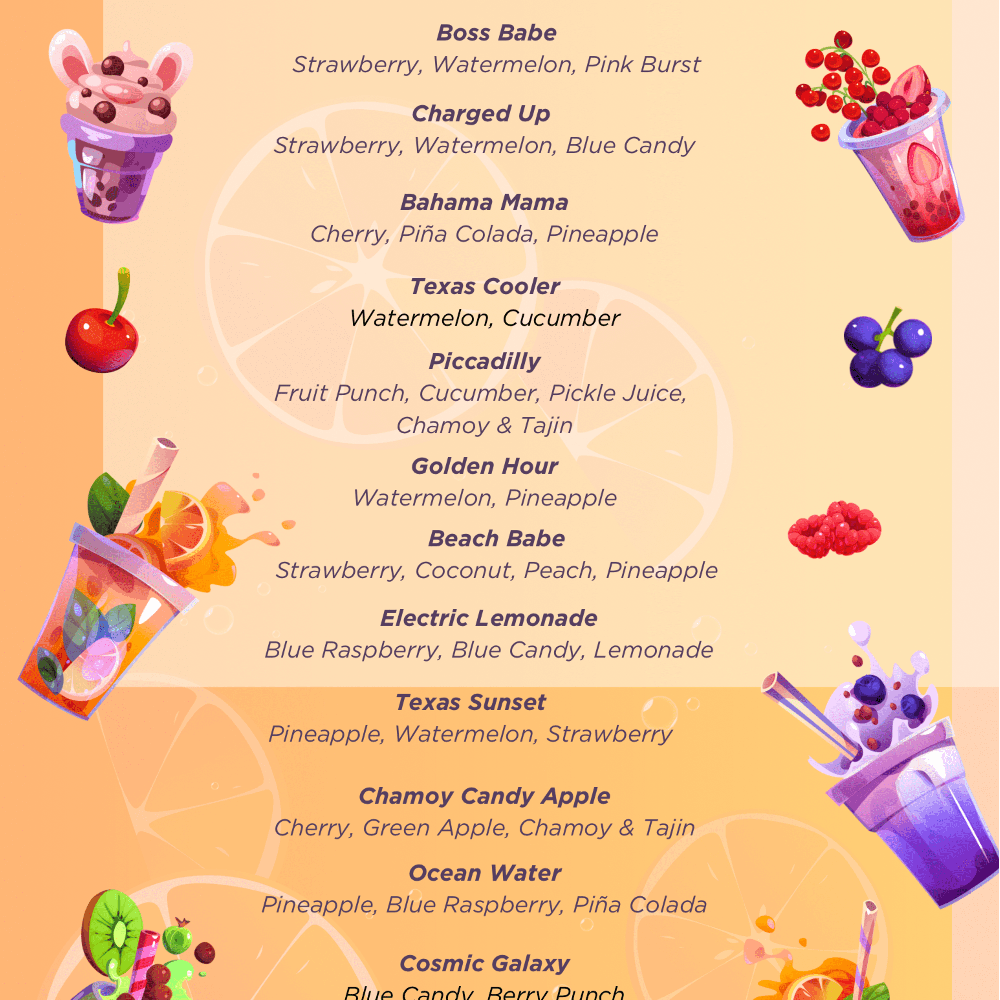 Poster listing classic drink flavors with colorful illustrated cups and fruit