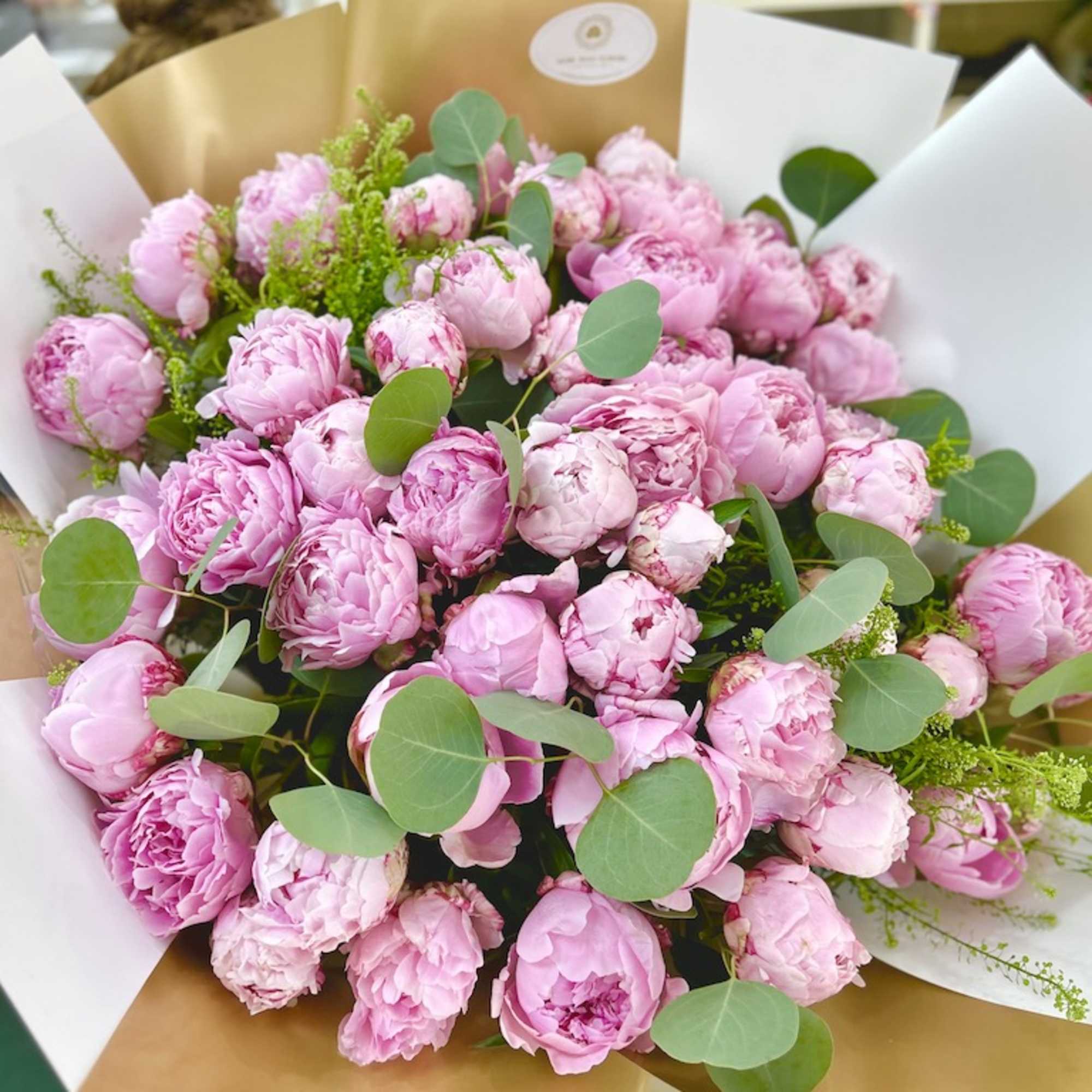 Large bouquet of pink peonies wrapped in white and gold paper with round green leaves.
