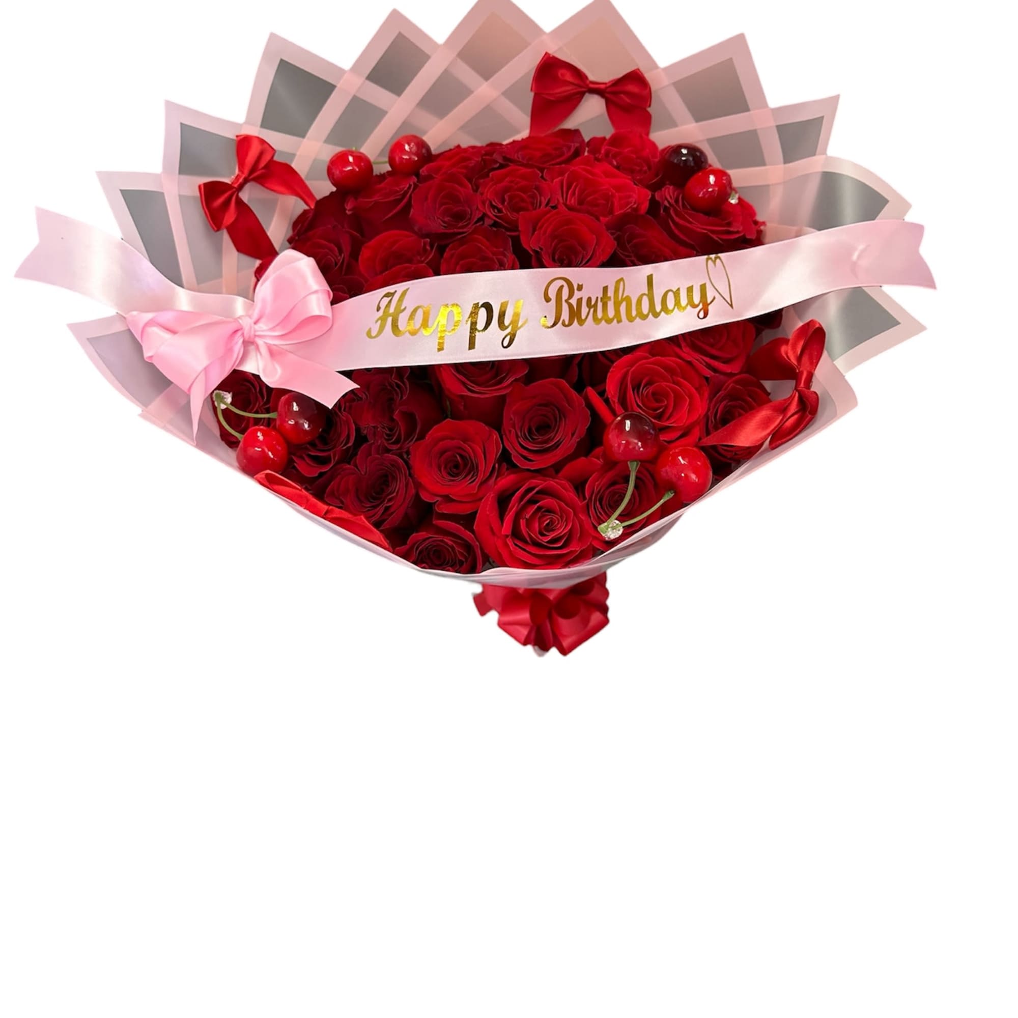Red roses with cherries decorations and bows around . Standard 12 roses
Deluxe