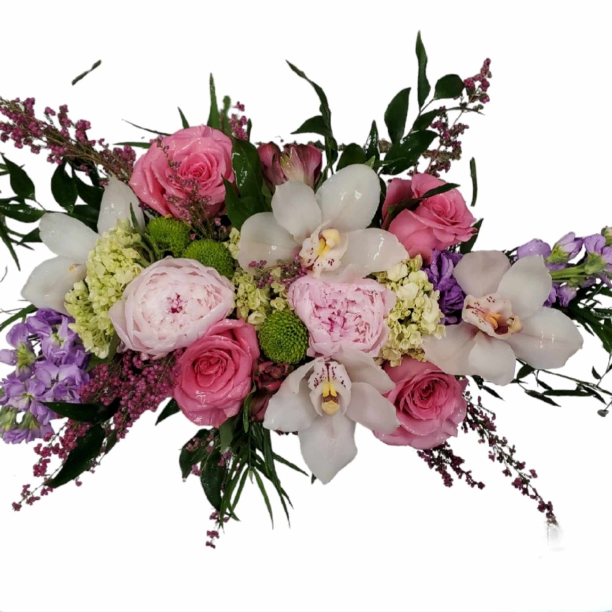 Pink and white mixed bouquet with roses, orchids, and purple accents