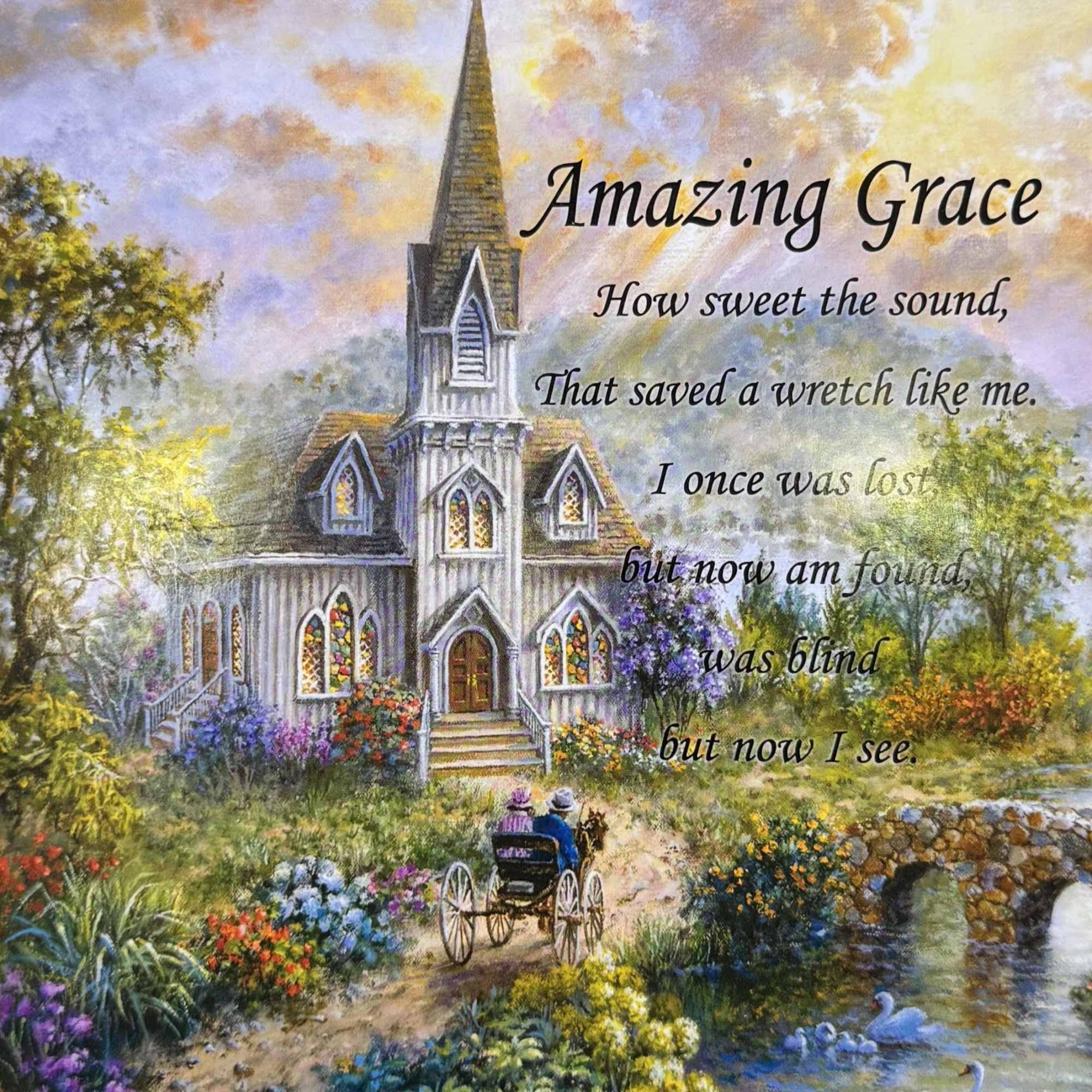 Decorative print of a church with the words Amazing Grace