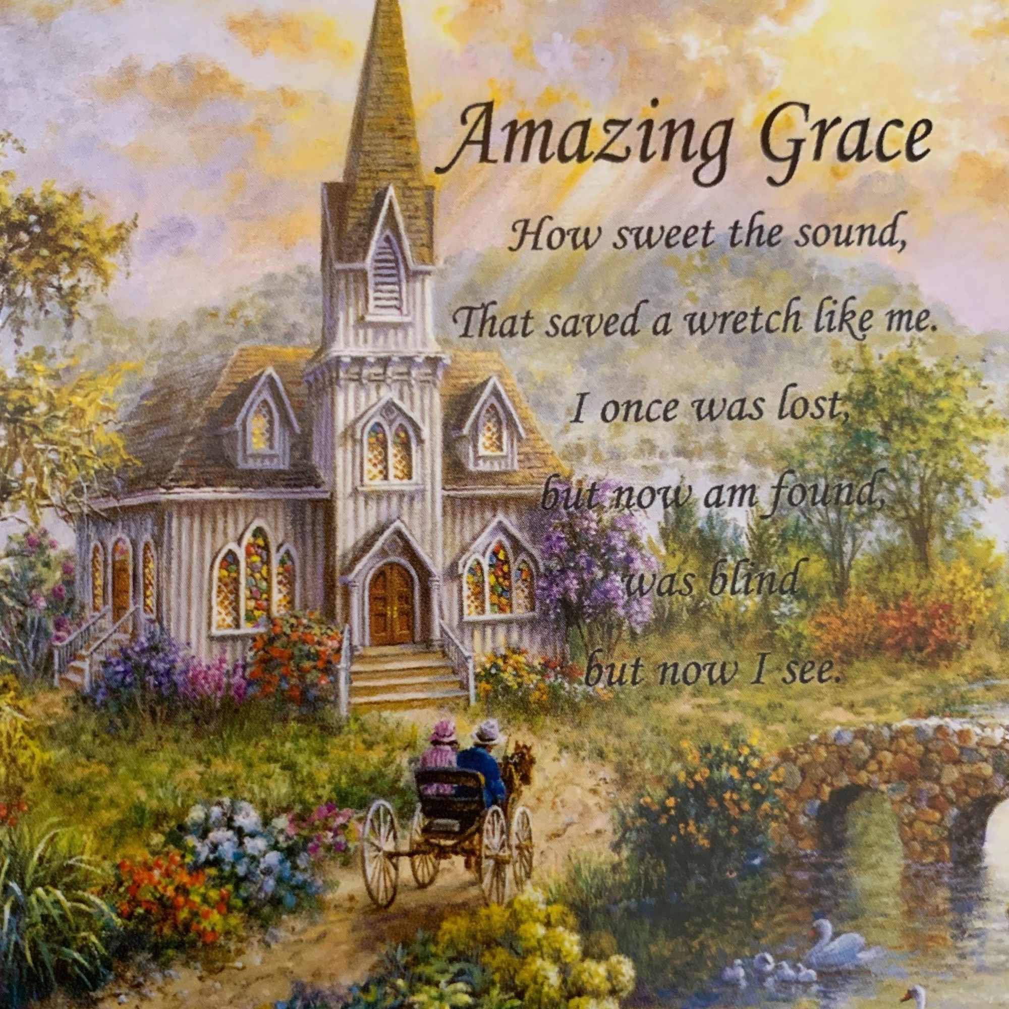 Illustrated church scene with the words "Amazing Grace" and a hymn verse