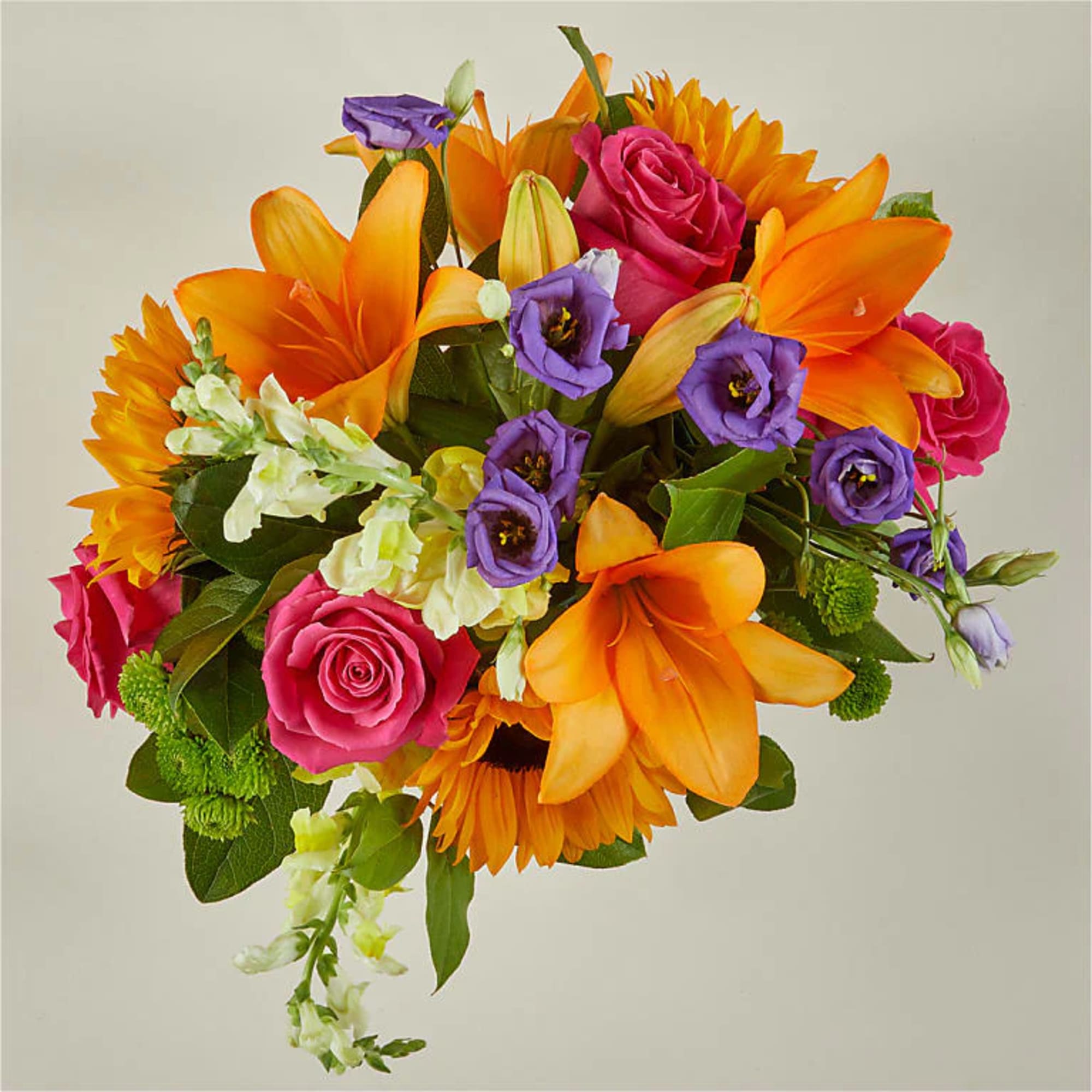 Bouquet of orange lilies, pink roses, and purple lisianthus