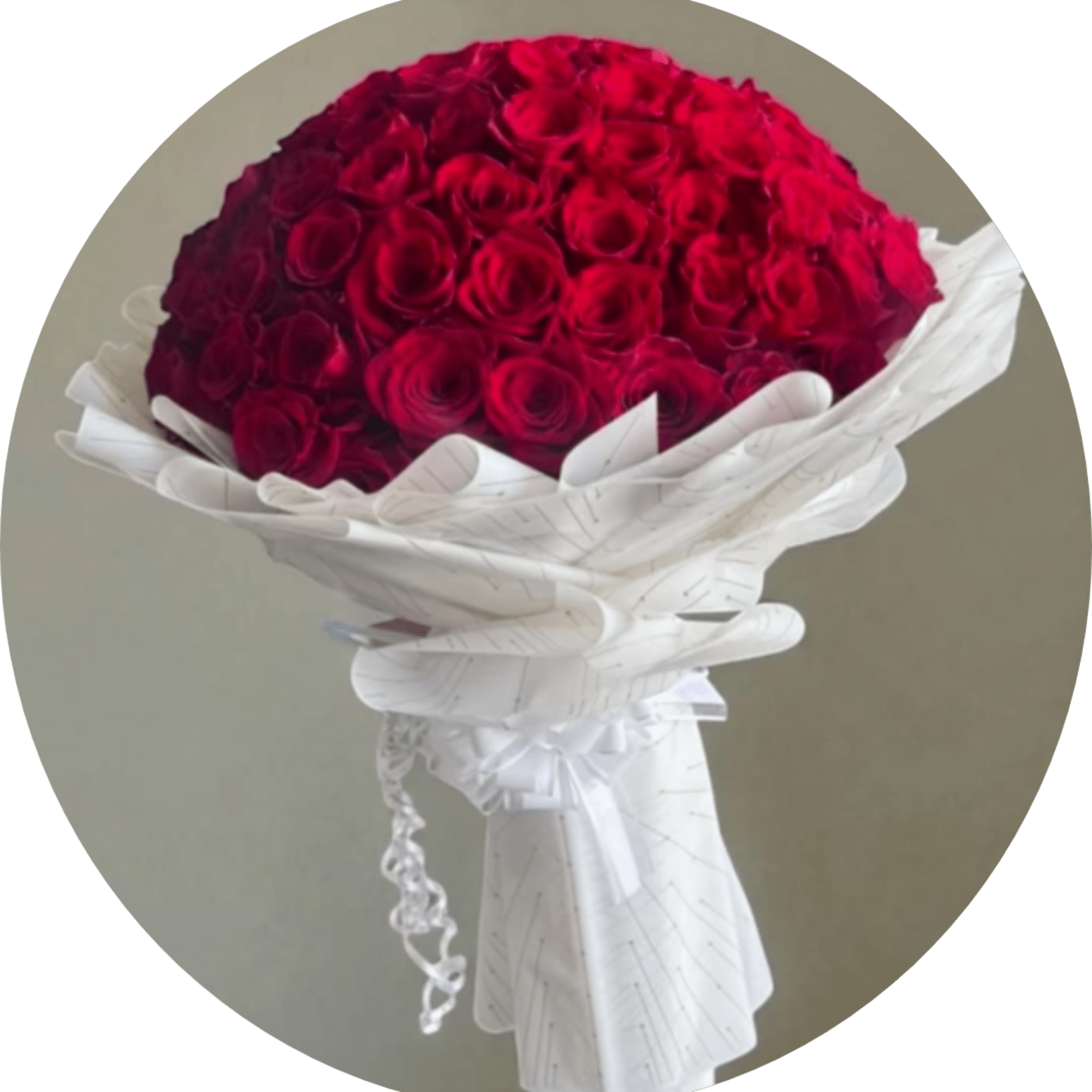 A breathtaking dome of deep red roses wrapped in crisp white paper-this