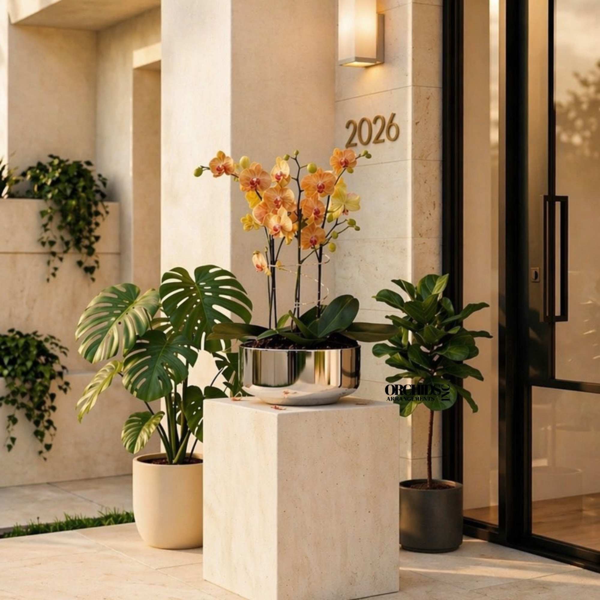 Potted orchids in a metallic bowl on a pedestal beside two leafy houseplants