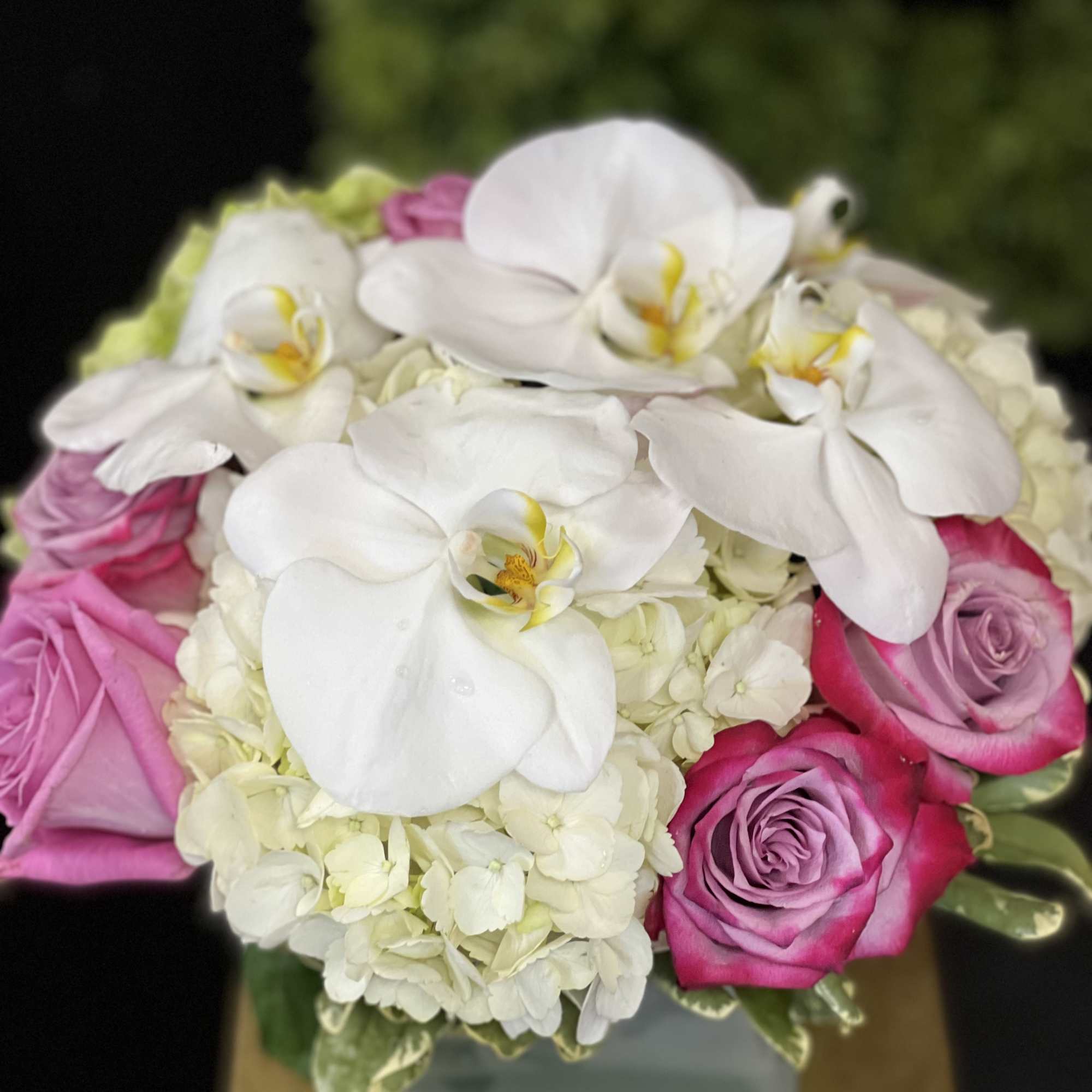 Pink roses and white orchids arranged in a square vase
