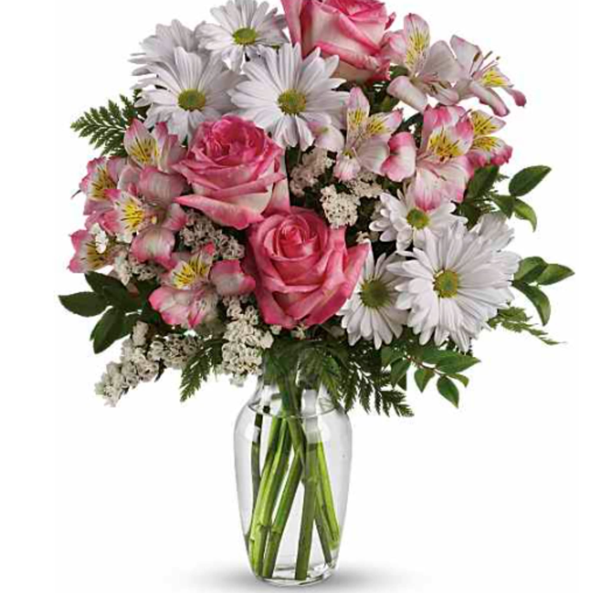 This lovely bouquet of pink roses, pink alstroemeria and white mums in