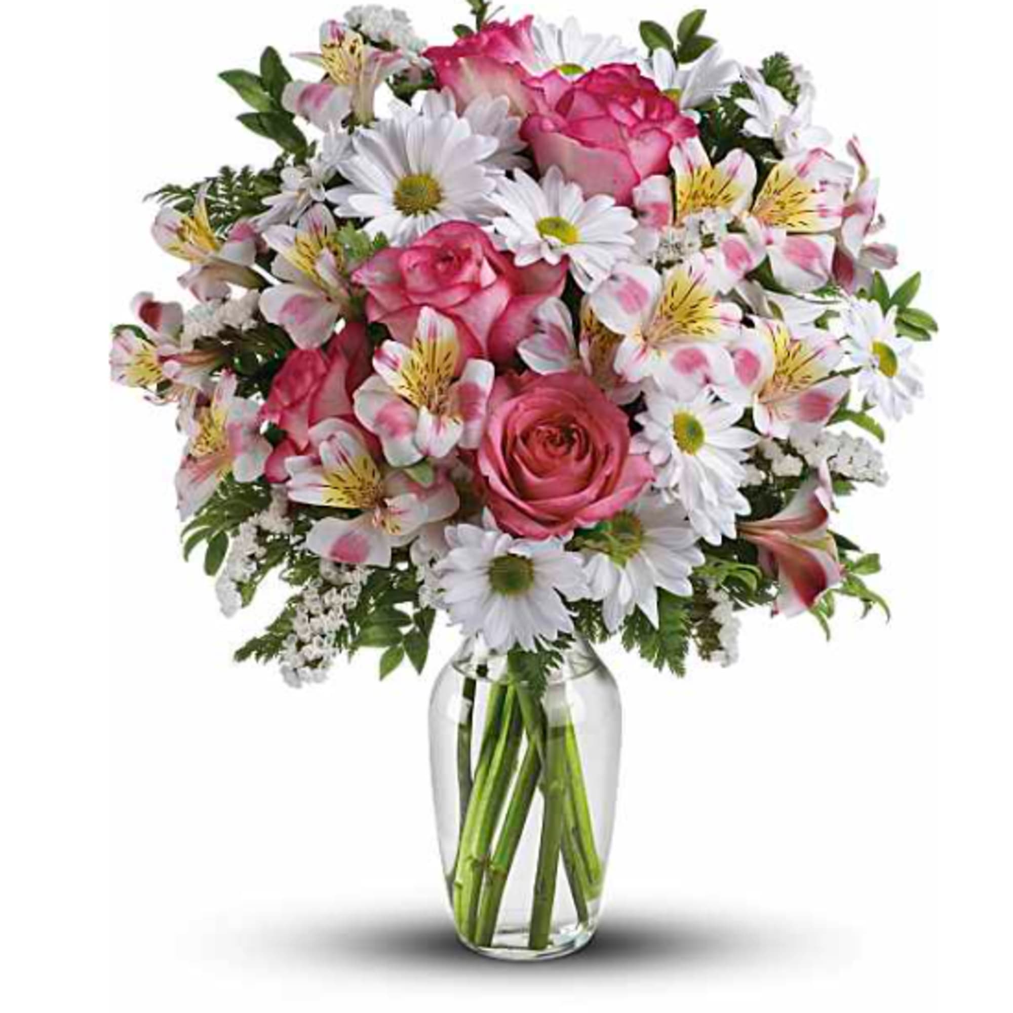This lovely bouquet of pink roses, pink alstroemeria and white mums in