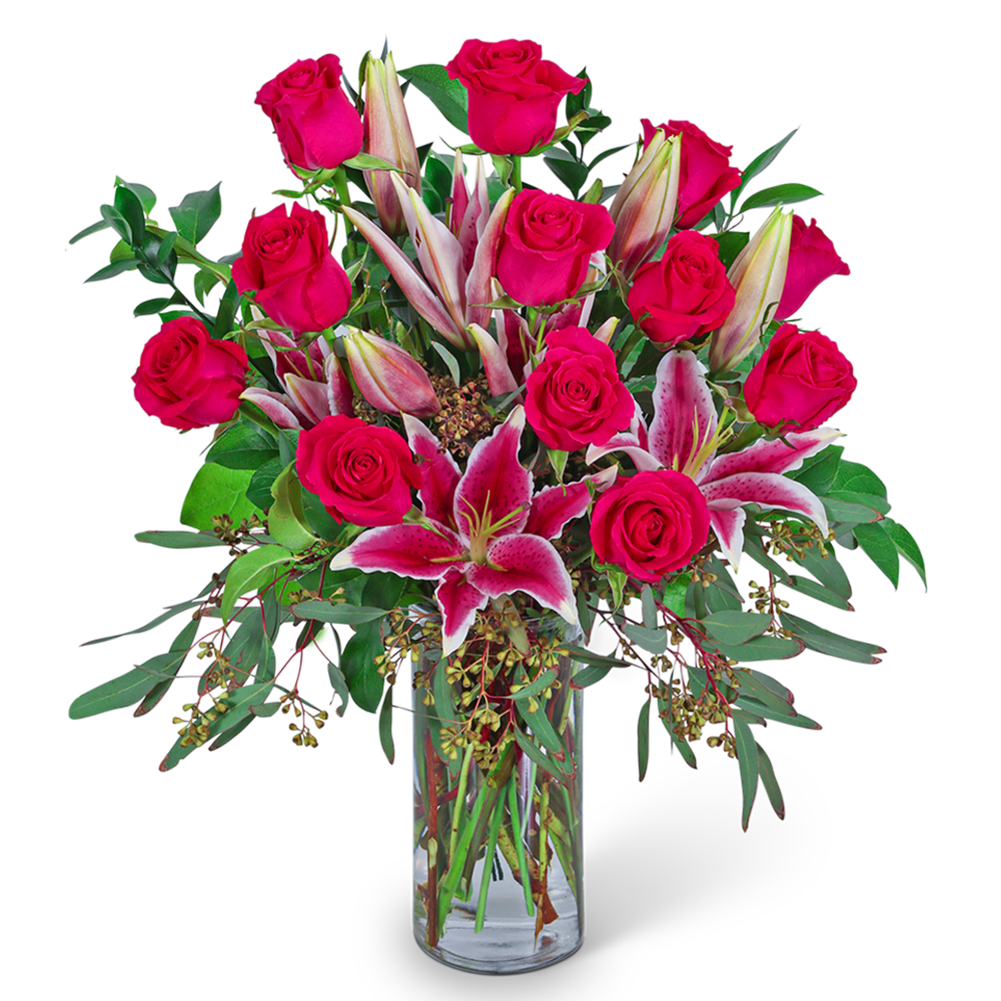 Pink roses and stargazer lilies in a clear glass vase