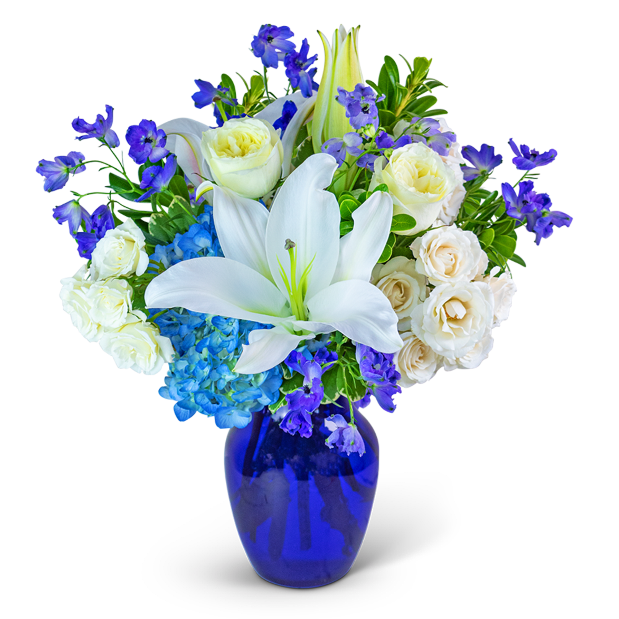 Our Blue Beauty flower design is meticulously created with hydrangea, lilies, Delphinium