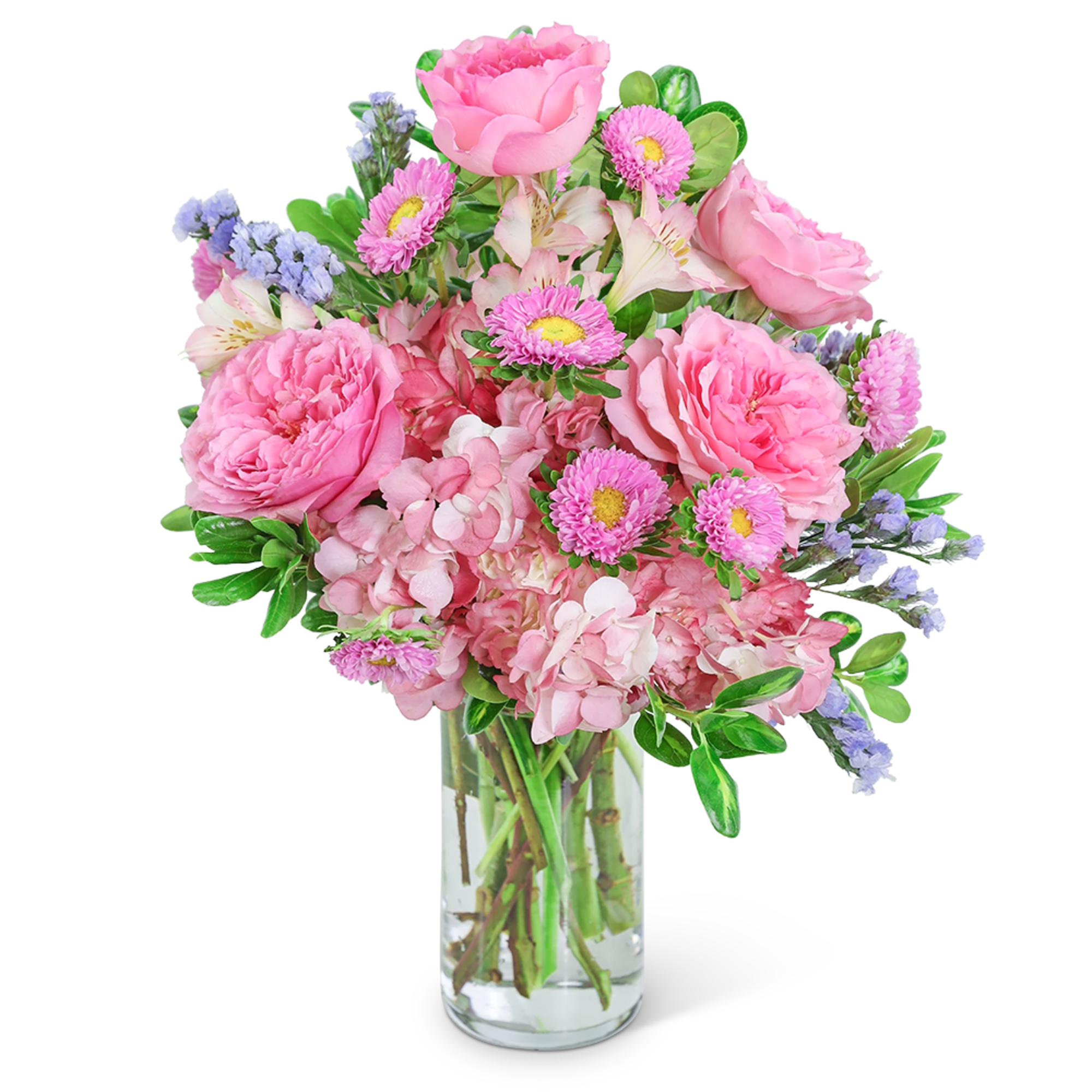 Pink mixed bouquet in a clear glass vase
