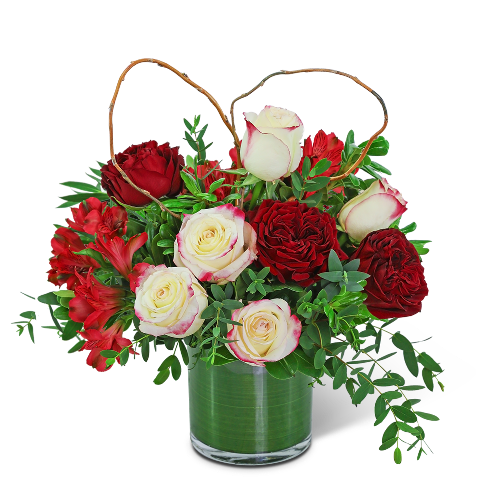 Red and white roses in a glass vase with a heart-shaped twig handle