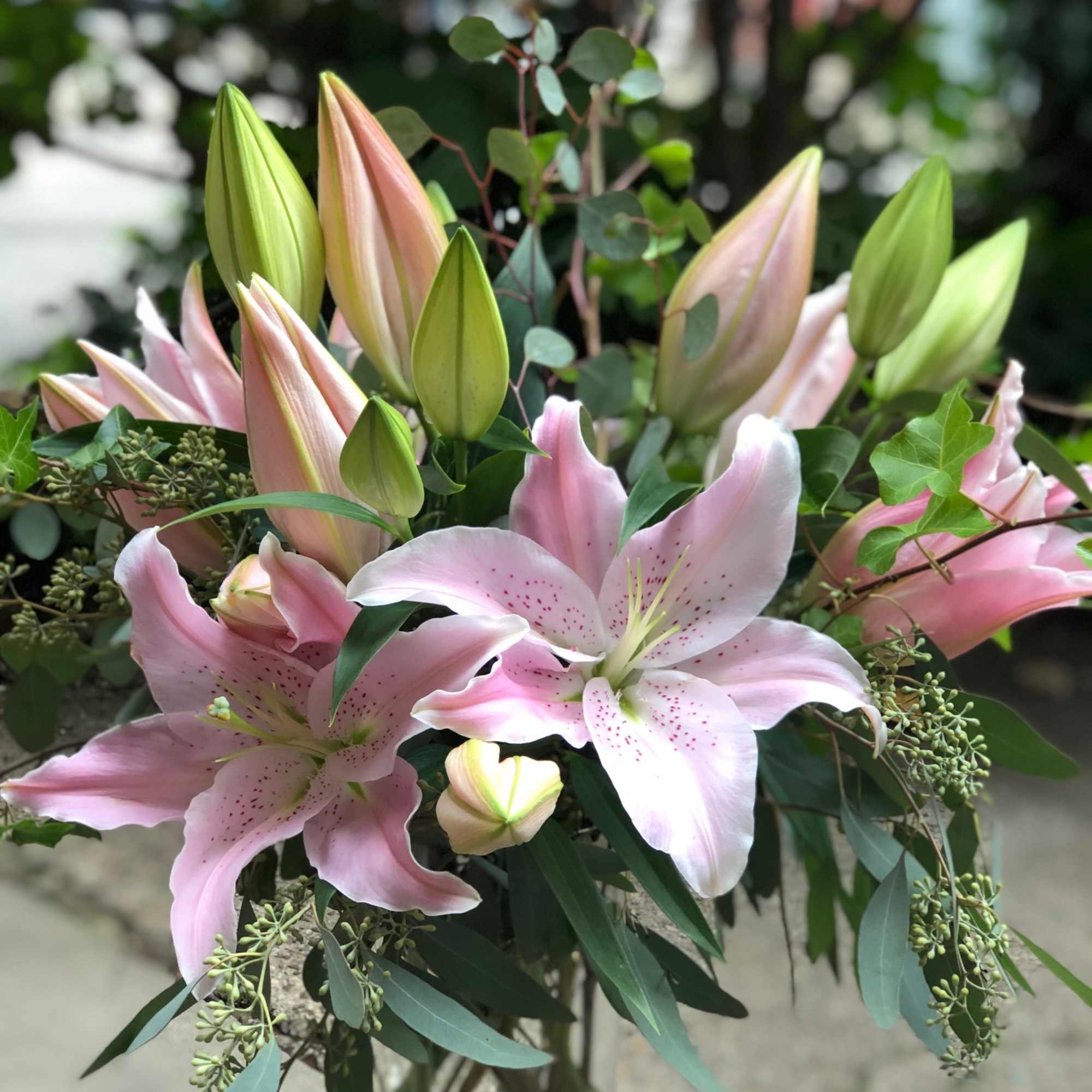 Pink lilies arranged with buds and greenery