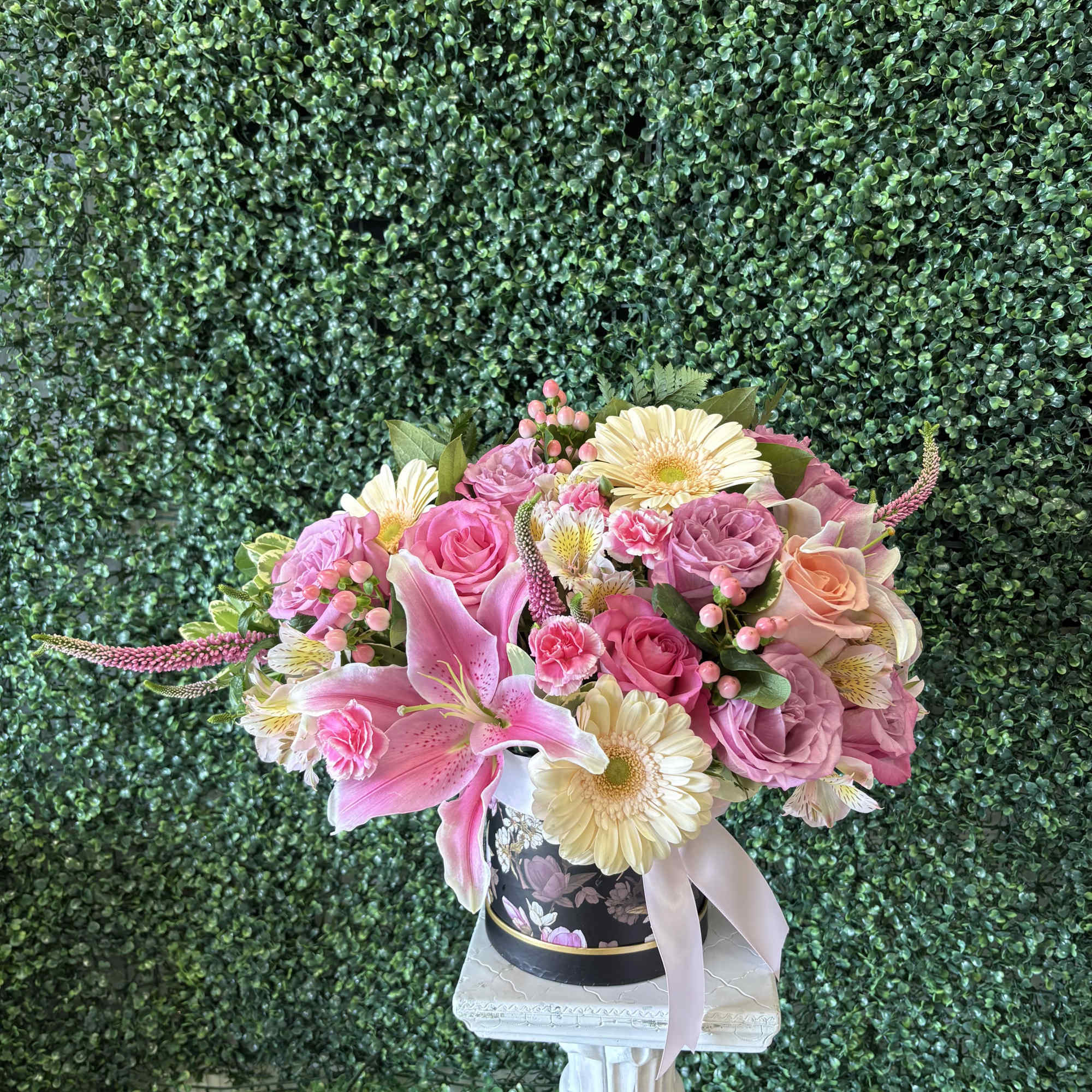 Pink Roses, Peach Gerbera ,Pink lilys , Veronica, coffee Bean and Alstormelia