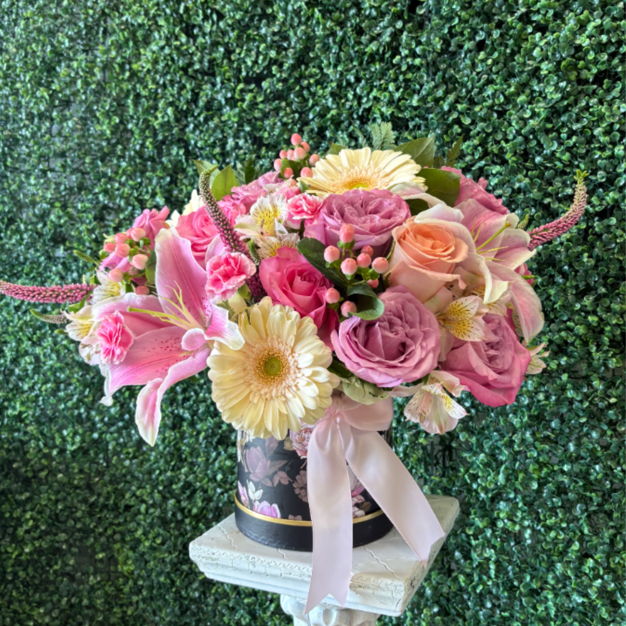 Pink Roses, Peach Gerbera ,Pink lilys , Veronica, coffee Bean and Alstormelia