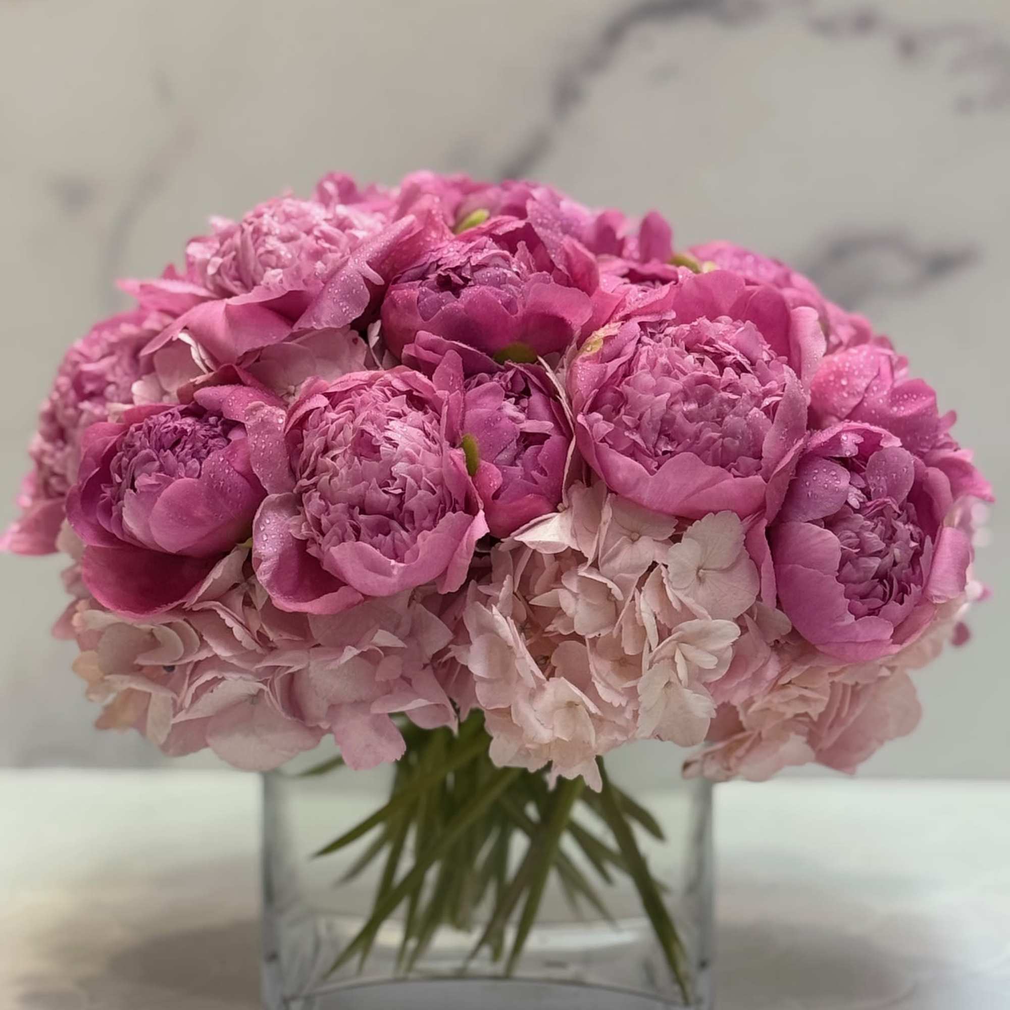 6"x6" clear cube filled with lush pink hydrangeas and pink peonies 