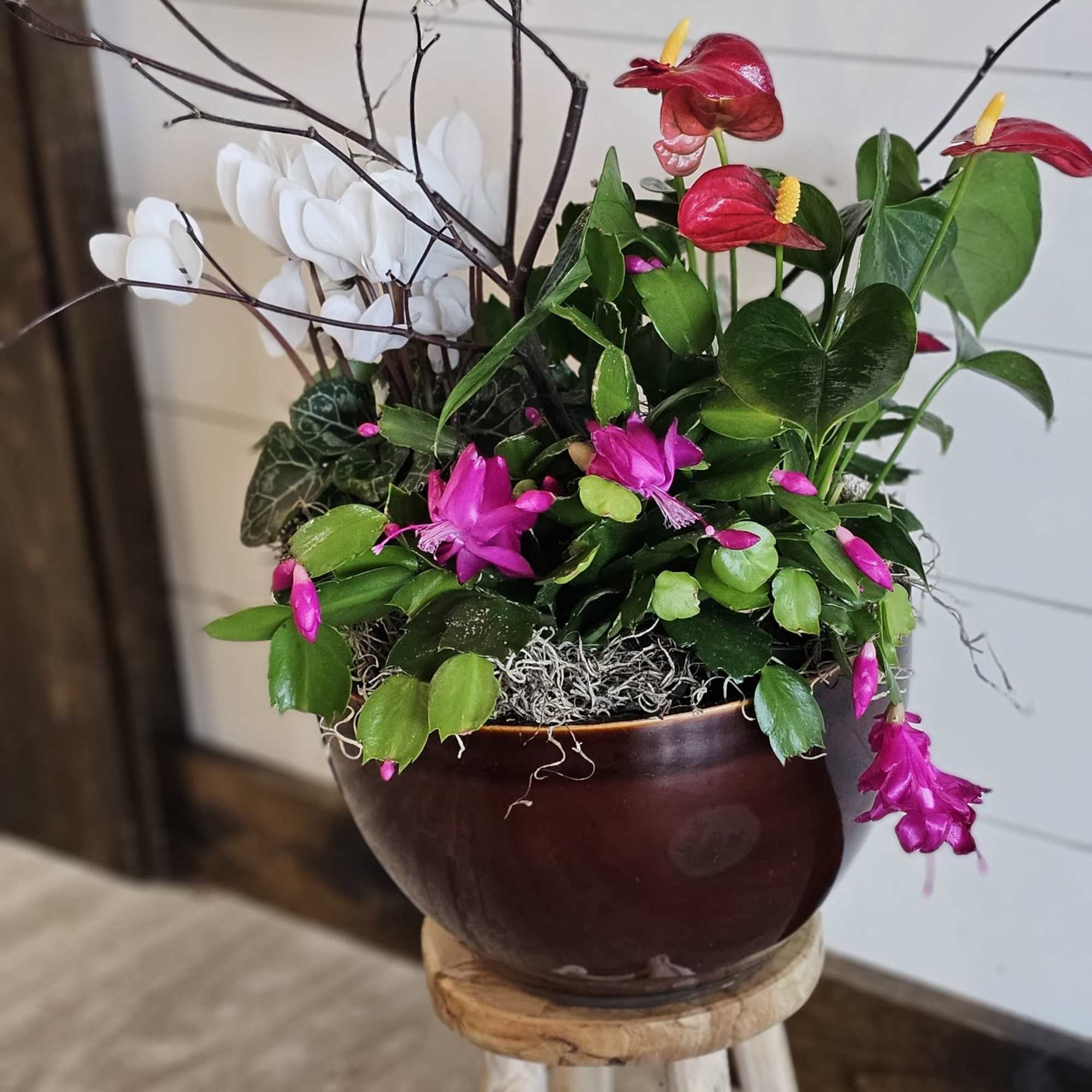 Potted floral arrangement with red anthuriums, pink blooms, and a bird nest topper